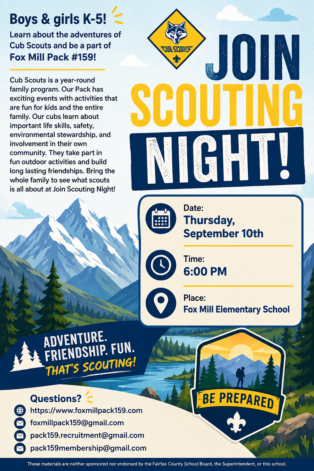 Cub Scout JSN on 9/10 at 6pm!