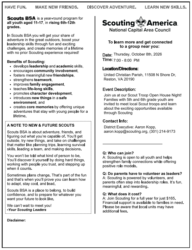 Scout Troop Open House Night 10/8!