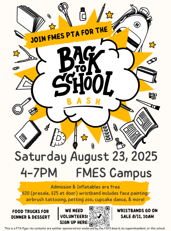 FMES PTA's 4th annual Back-to-School Bash is Saturday, August 23, 4-7PM