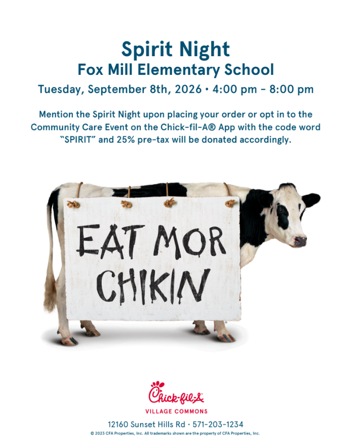 🦊🍗 Back-to-School Spirit Night at Chick-fil-A on Sept 8th!