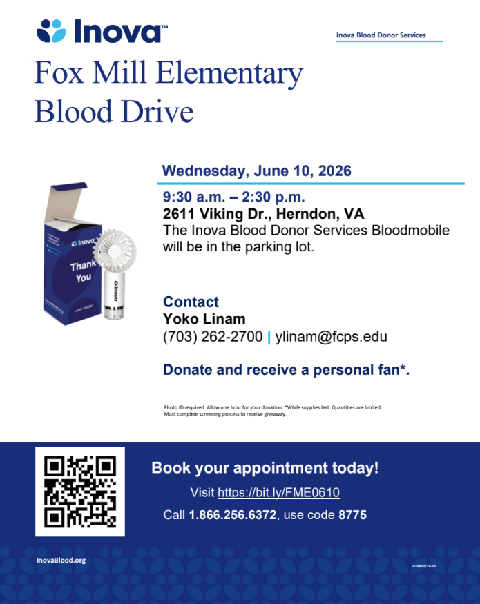 Fox Mill’s Annual Blood Drive is Wednesday, June 10, 9:30-2:30