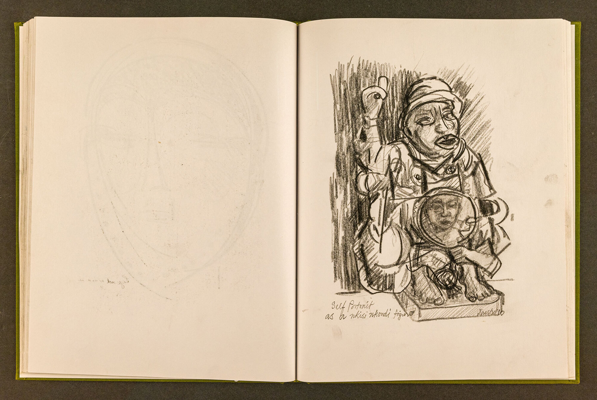  David C. Driskell (United States, 1931–2020),  Self-Portrait as a Nkisi Nkondi Figure , circa 2010 ,  graphite, charcoal, mixed media drawing in sketchbook, approximately 11 x 8 1/2 inches. Collection of the Estate of David C. Driskell, Maryland. Ph