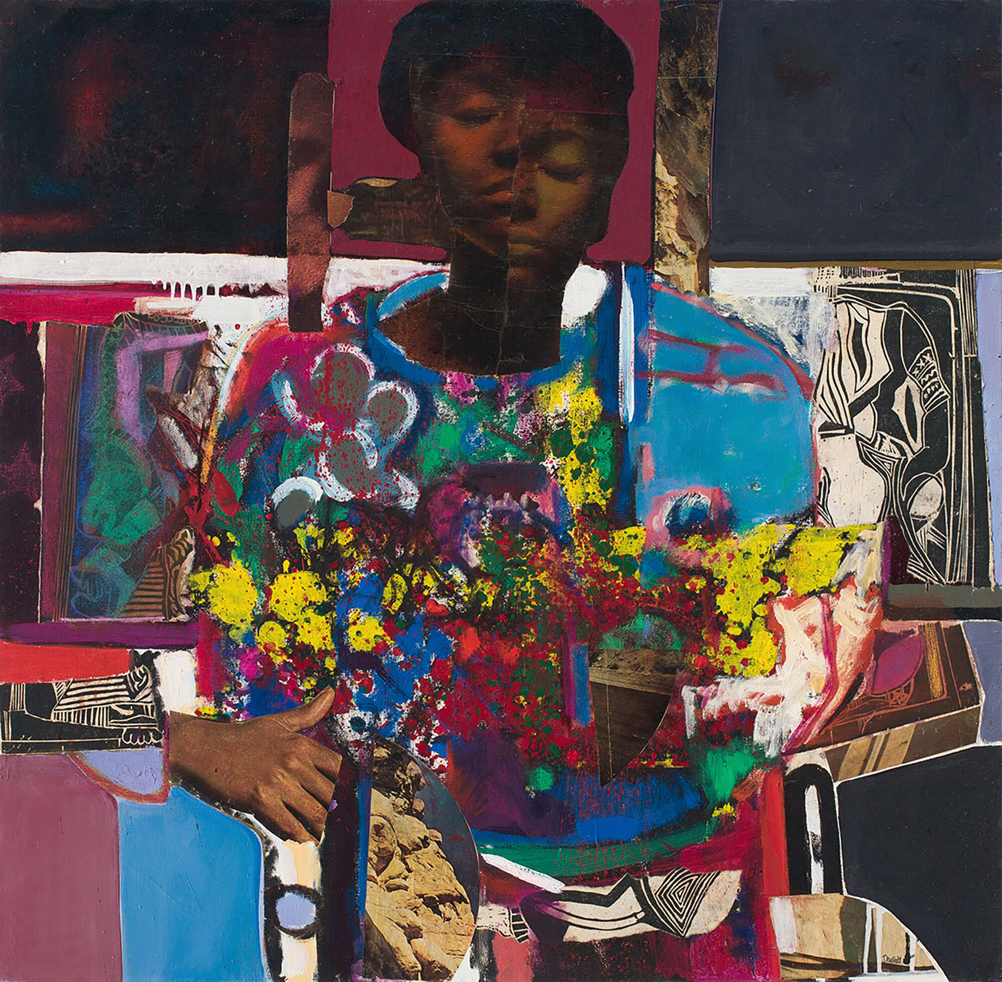  David C. Driskell (United States, 1931–2020),  Woman with Flowers , 1972, oil and collage on canvas, 37 1/2 x 38 1/2 inches. Art Bridges, Bentonville, Arkansas, AB.2018.3. © Estate of David C. Driskell 