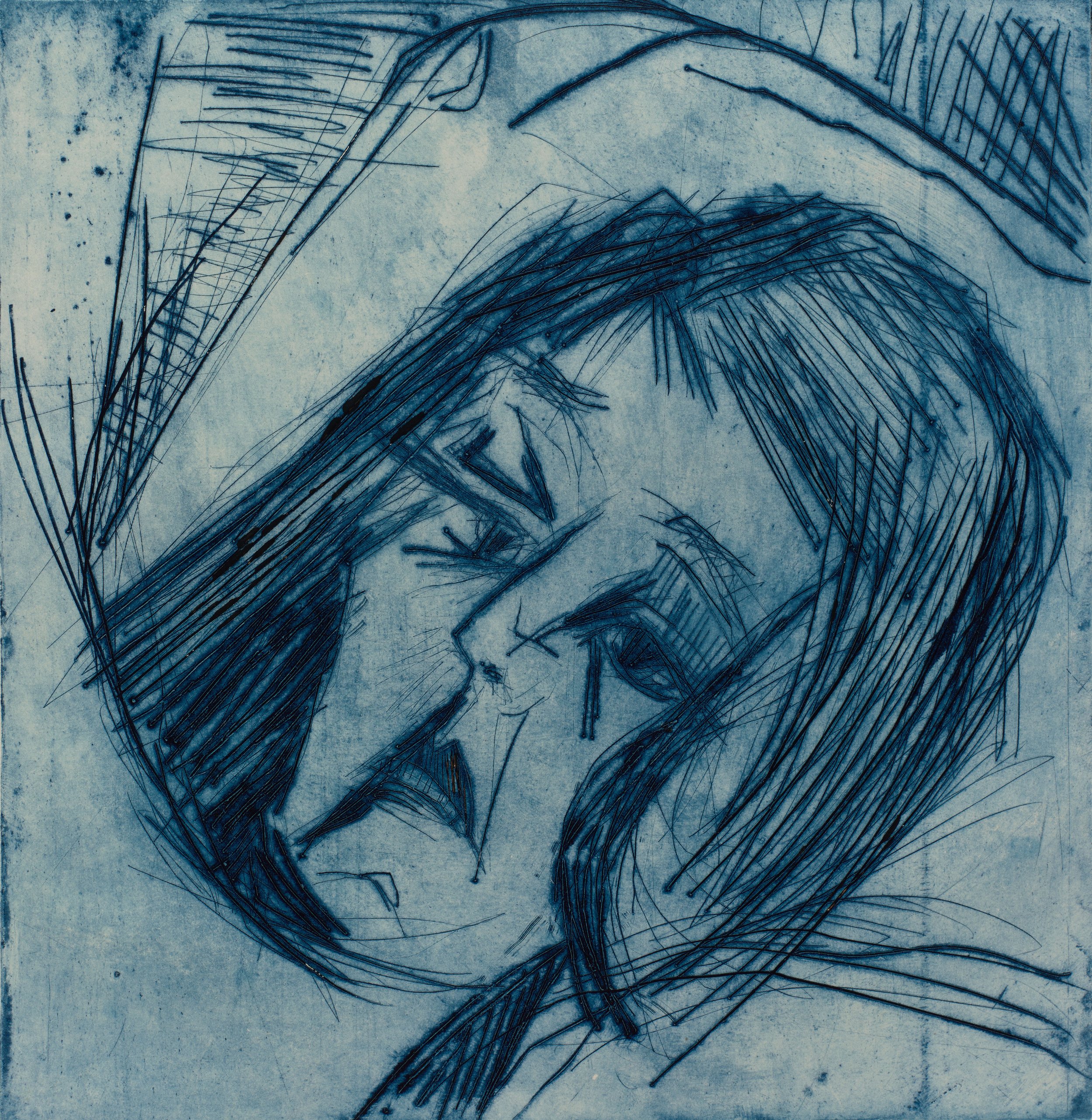  Ernst Ludwig Kirchner (Germany, 1880-1938),  Head of a Maiden Lying (Liegender Mädchenkopf) , 1917, drypoint printed in blue on wove paper, 9 7/8 x 9 1/2 inches. Gift of David and Eva Bradford, 2013.29.6. Image courtesy of Luc Demers 