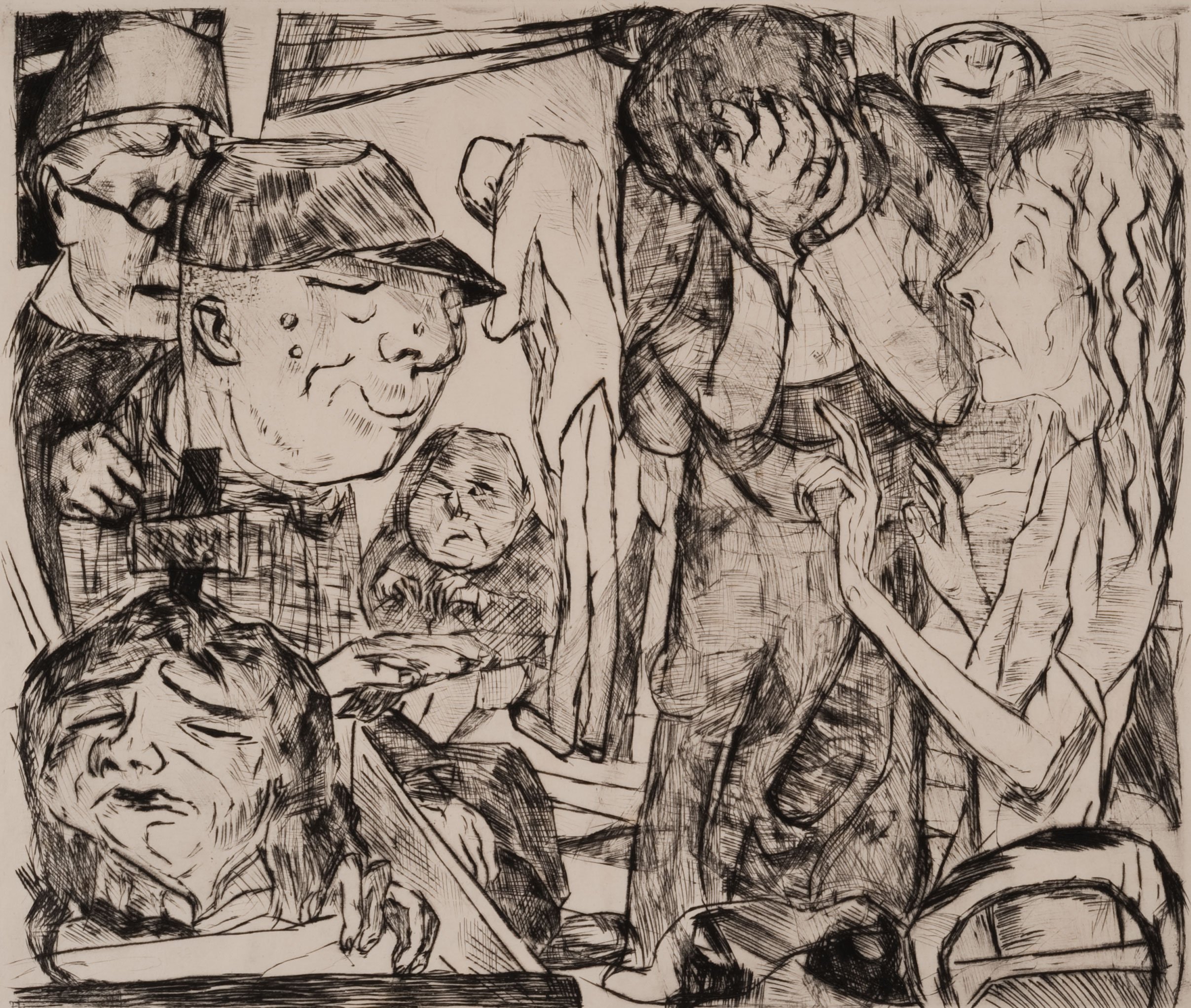  Max Beckmann (Germany, 1884-1950),  Madhouse (Irrenhaus)  from the portfolio  Faces (Gesichter) , 1918 (published 1919), drypoint etching on paper, 9 7/8 x 11 1/2 inches. Gift of David and Eva Bradford, 2009.31.4 