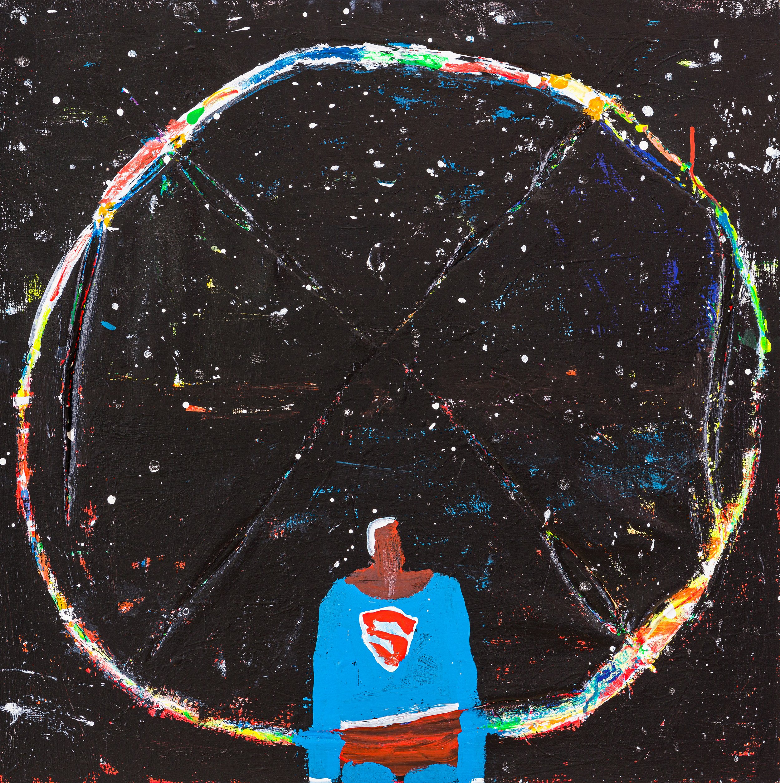  Katherine Bradford (United States, born 1942),  Superman Big Circle of the Universe,  2015, oil on canvas, 36 x 36 inches. Collection of Michael Sherman © Katherine Bradford. Image courtesy Silvia Ros Photography  