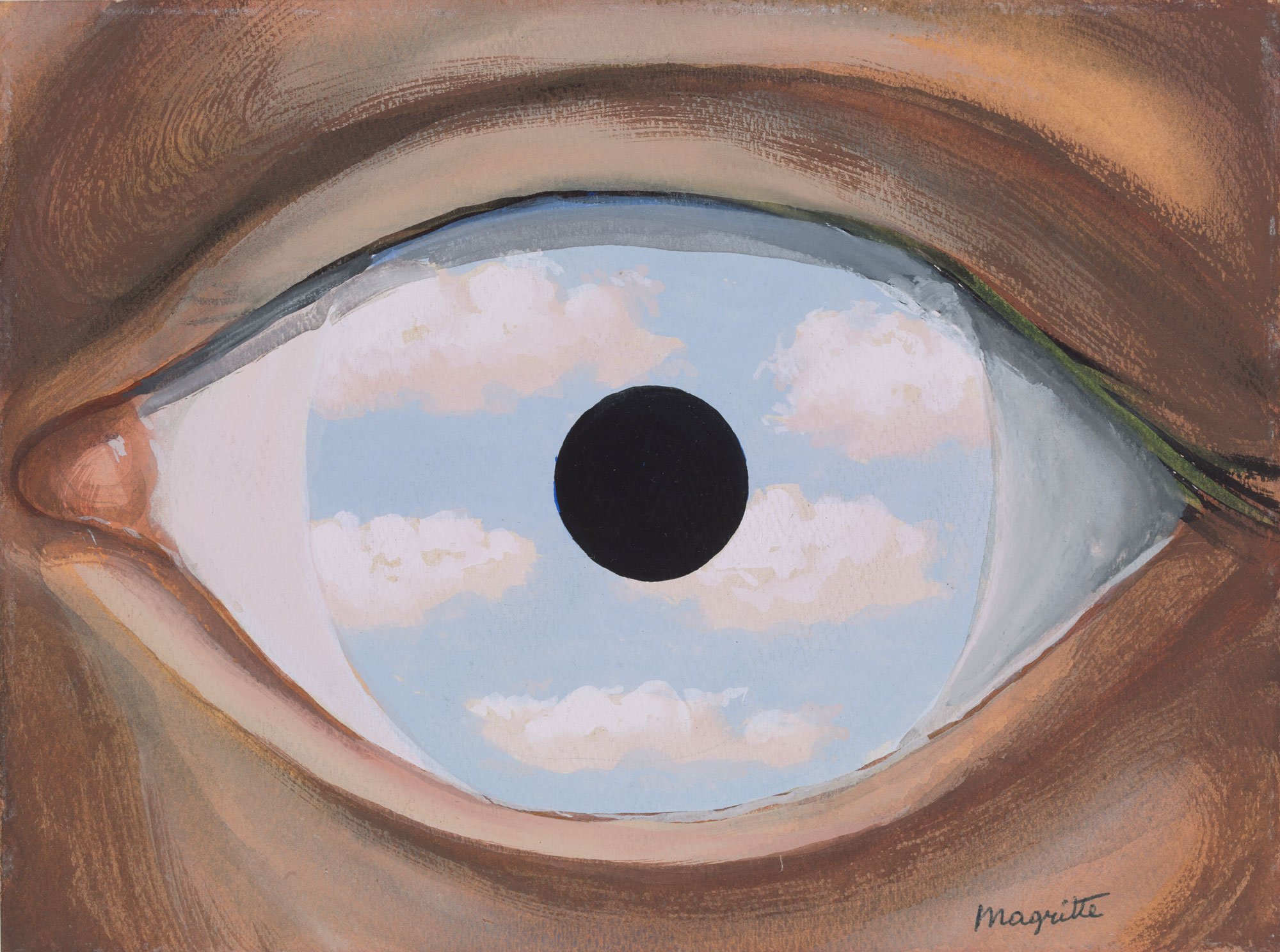  René Magritte (Belgium, 1889-1967),  Le Faux Miroir , 1952, gouache on paper, 5 5/8 x 7 ½ inches. Isabelle and Scott Black Collection. Image courtesy of Luc Demers.   © 2022 C. Herscovici / Artists Rights Society (ARS), New York 