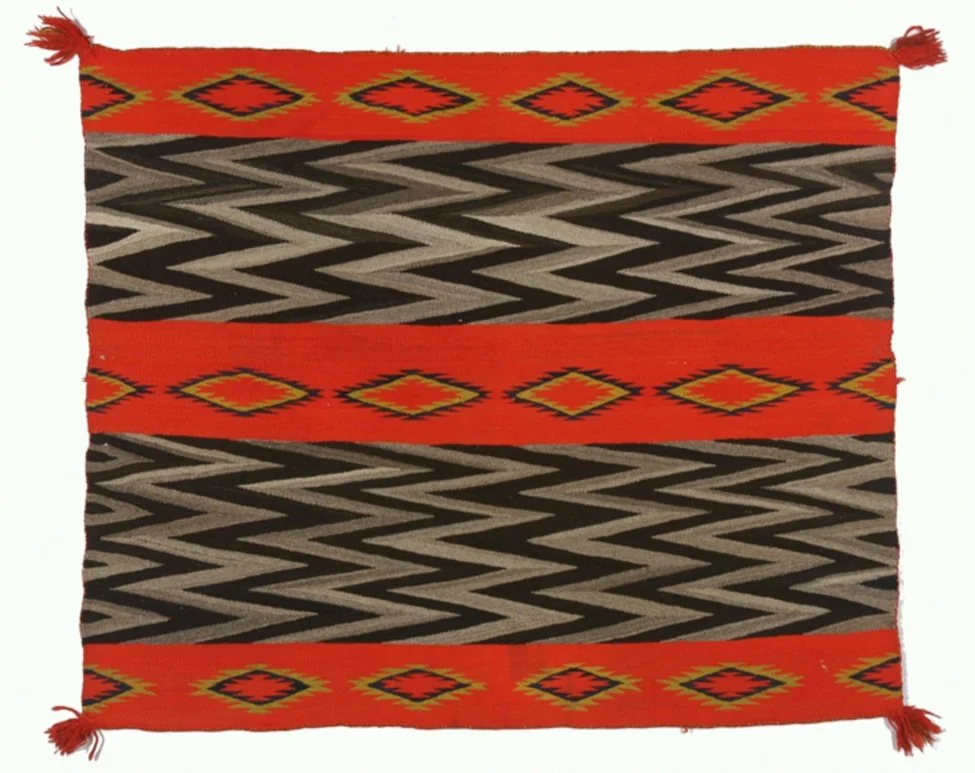  Diné artist/maker,  Women’s Shoulder Blanket , Diné/Navajo, 1860-1890, Textile/Wool, 42 3/4” x 50 3/4,” Gift of Mrs. Philip B. Stewart to Museum of Indian Arts and Culture 