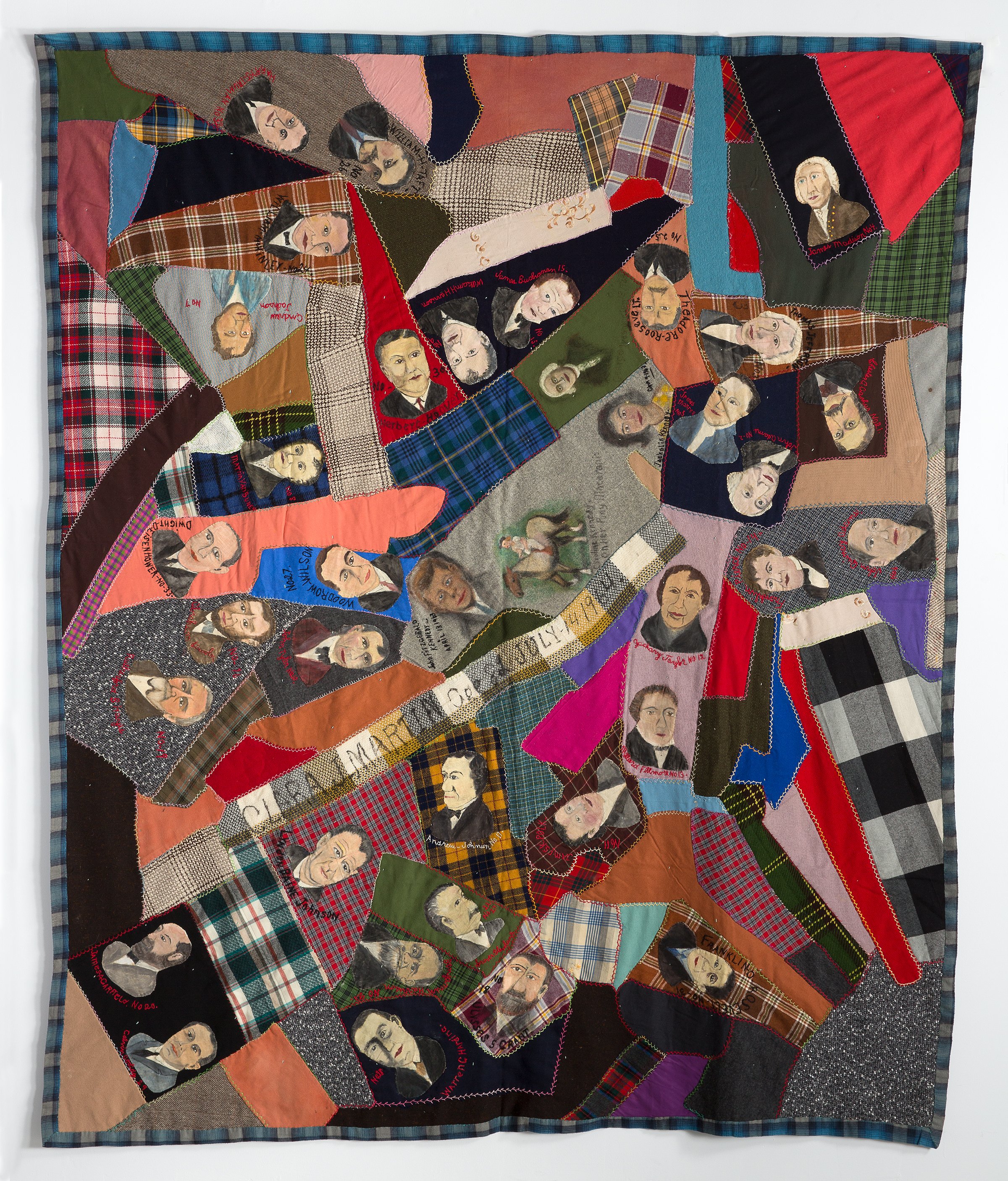  Clara J. Martin (1882–1968),  Presidents Quilt , 1964, wool with paint on canvas appliqué and cotton embroidery, 88 x 72 inches. Collection American Folk Art Museum, New York. Gift of Marta Amundson; great-granddaughter of Clara J. Martin, 2015.2.1.