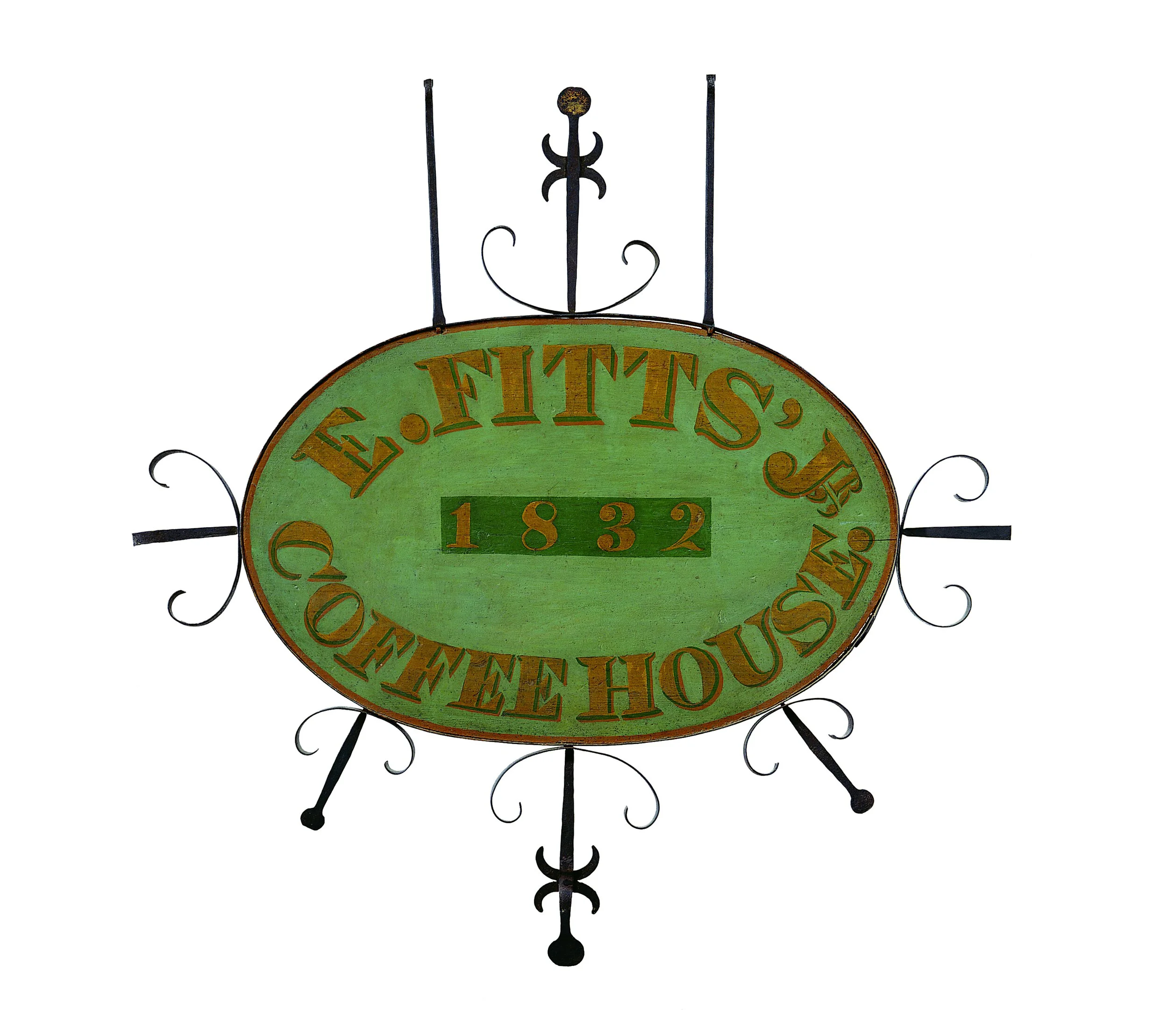Artist unidentified, E. Fitts Jr. Store and Coffeehouse Trade Sign , 1832, paint on wood with wrought iron, 47 x 46 1 ½ x 1 ½ inches (with ironwork). Collection American Folk Art Museum, New York. Gift of Margery and Harry Kahn, 1981.12.9. Photo by