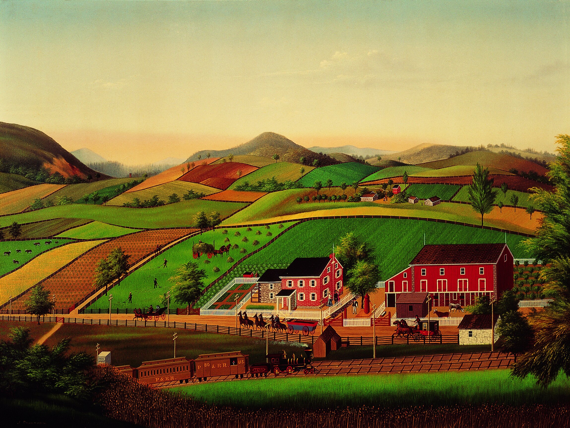  John Rasmussen (1828–1895),  John Van Reed Evans Homestead and Farmscape , c. 1879–1886, oil on zinc-plated tin, 26 3/8 x 35 3/8 inches. Collection American Folk Art Museum, New York. Gift of Ralph Esmerian, 2005.8.15. Photo ©2000 John Bigelow Taylo