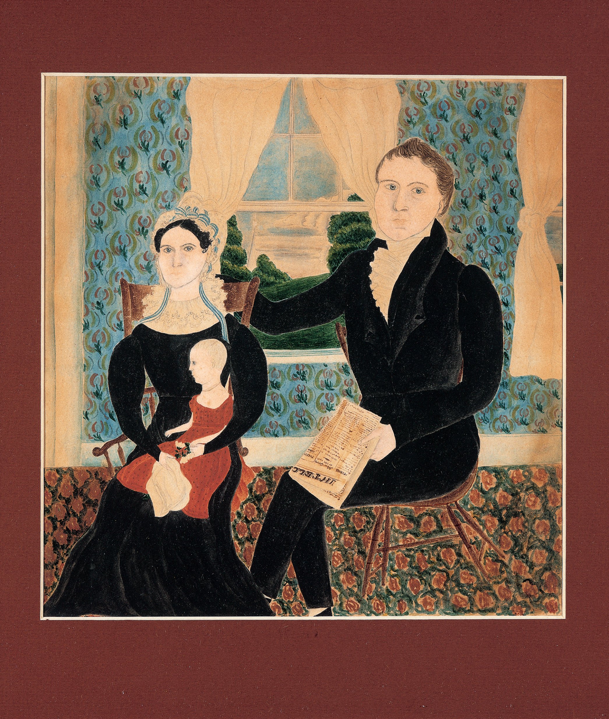  Deborah Goldsmith (1808–1836),  Mr. and Mrs. Lyman Day and Daughter Cornelia , c. 1823–1824, watercolor and pencil on paper, 9 x 8 3/4 inches.&nbsp;Collection American Folk Art Museum, New York. Gift of Ralph Esmerian, 2013.1.9. Photo courtesy Sothe
