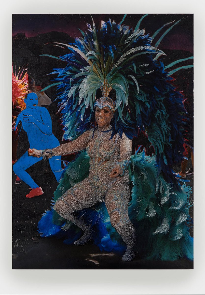  Paul Anthony Smith (born, St. Ann’s Bay, Jamaica, 1988),  Midnight Blue , 2020, unique picotage on inkjet print, colored pencil, spray paint on museum board, 97 1/2 × 69 13/16 × 2 13/16 inches. Art Gallery of Ontario. Purchase, with funds from Frien