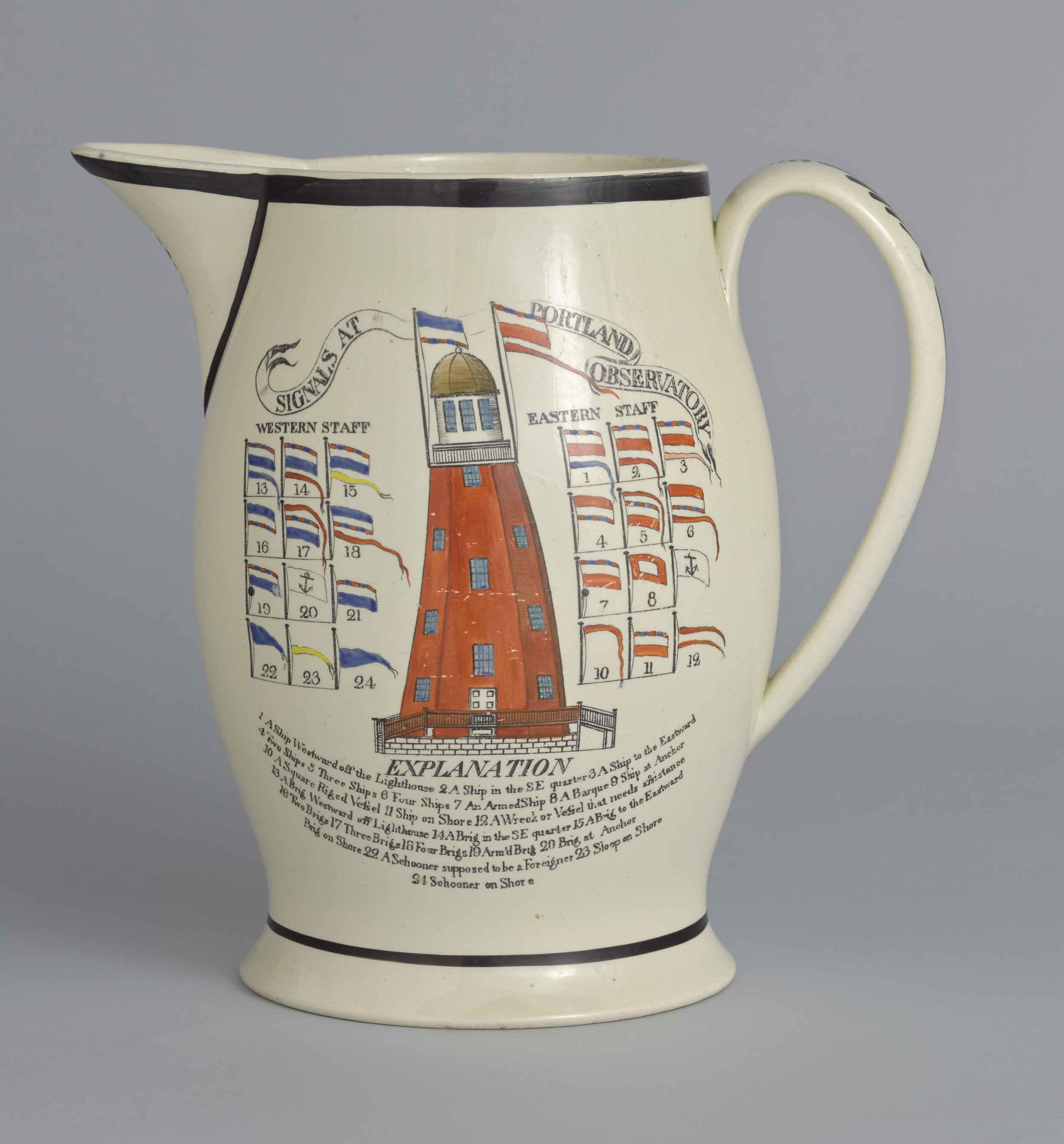  Liverpool Type (England, circa 1790–1840),  Pitcher: Signals at Portland Observatory,  post 1807, creamware with transfer-printed decoration, 9 x 8 1/2 inches. Portland Museum of Art, Maine. Gift of Mrs. James McKinley Rose in memory of her father, 