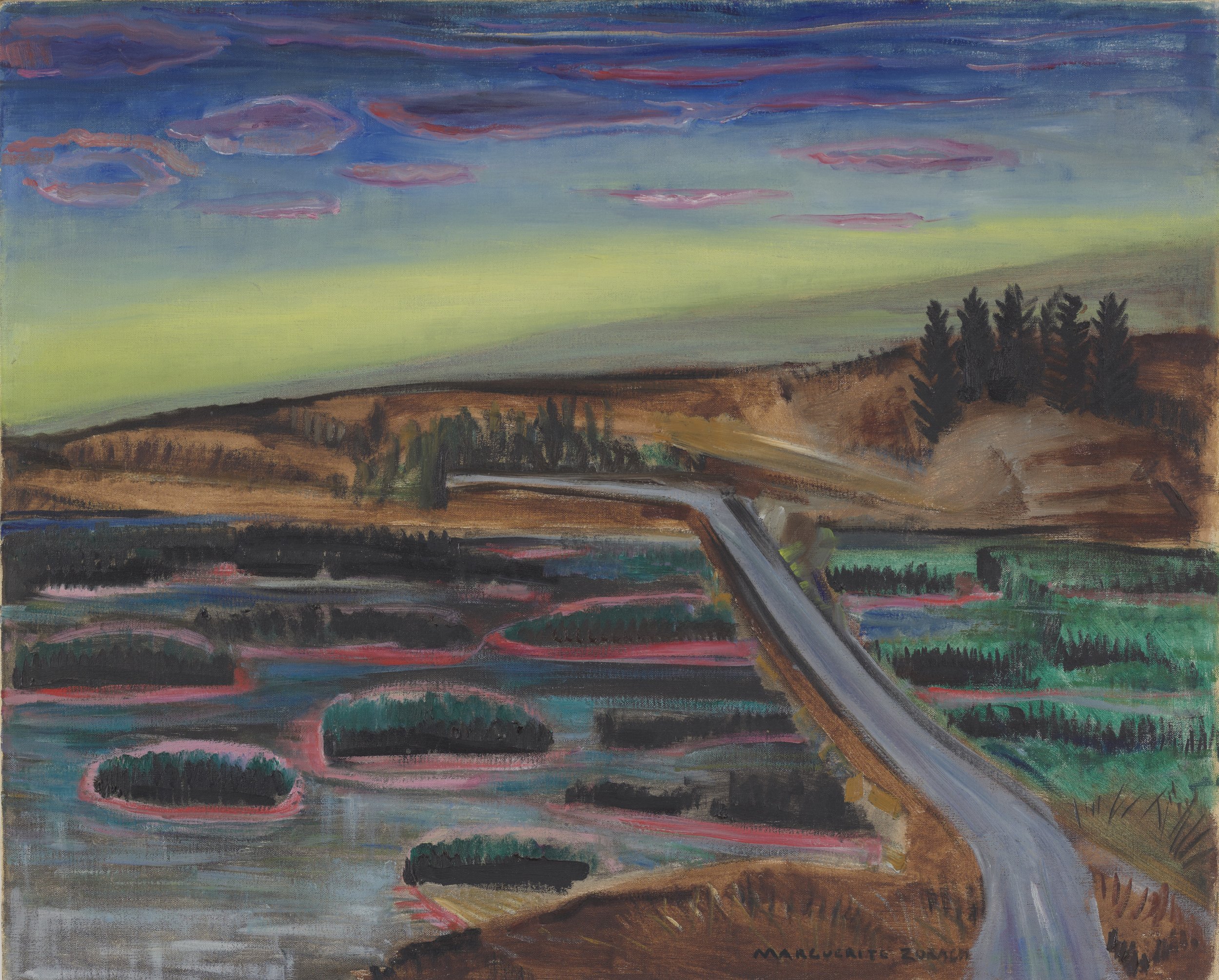  Marguerite Thompson Zorach (United States, 1887–1968),  The Woolwich Marshes , circa 1935, oil on canvas, 21 x 26 inches. Portland Museum of Art, Maine. Bequest of Mildred G. Burrage, 1983.86. Image courtesy Pillar Digital Imaging. © The Zorach Coll