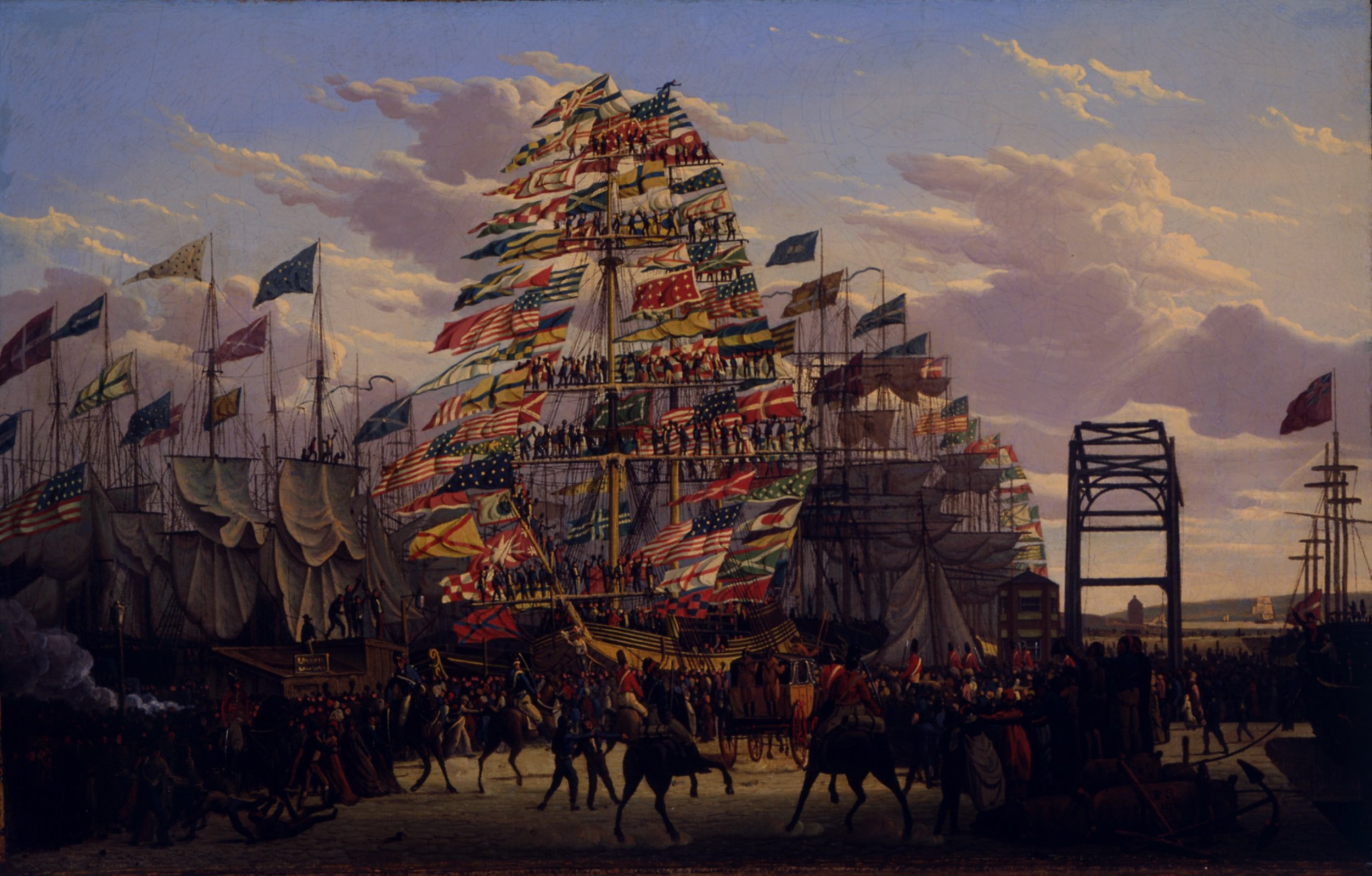  Robert Salmon (United States (born England), 1775–1842),  Opening of Prince's Dock, Liverpool , 1821, oil on canvas, 14 3/4 x 23 1/2 inches. Portland Museum of Art, Maine. Bequest of Howard K. and Alison McEldowney Walter, 1985.100 