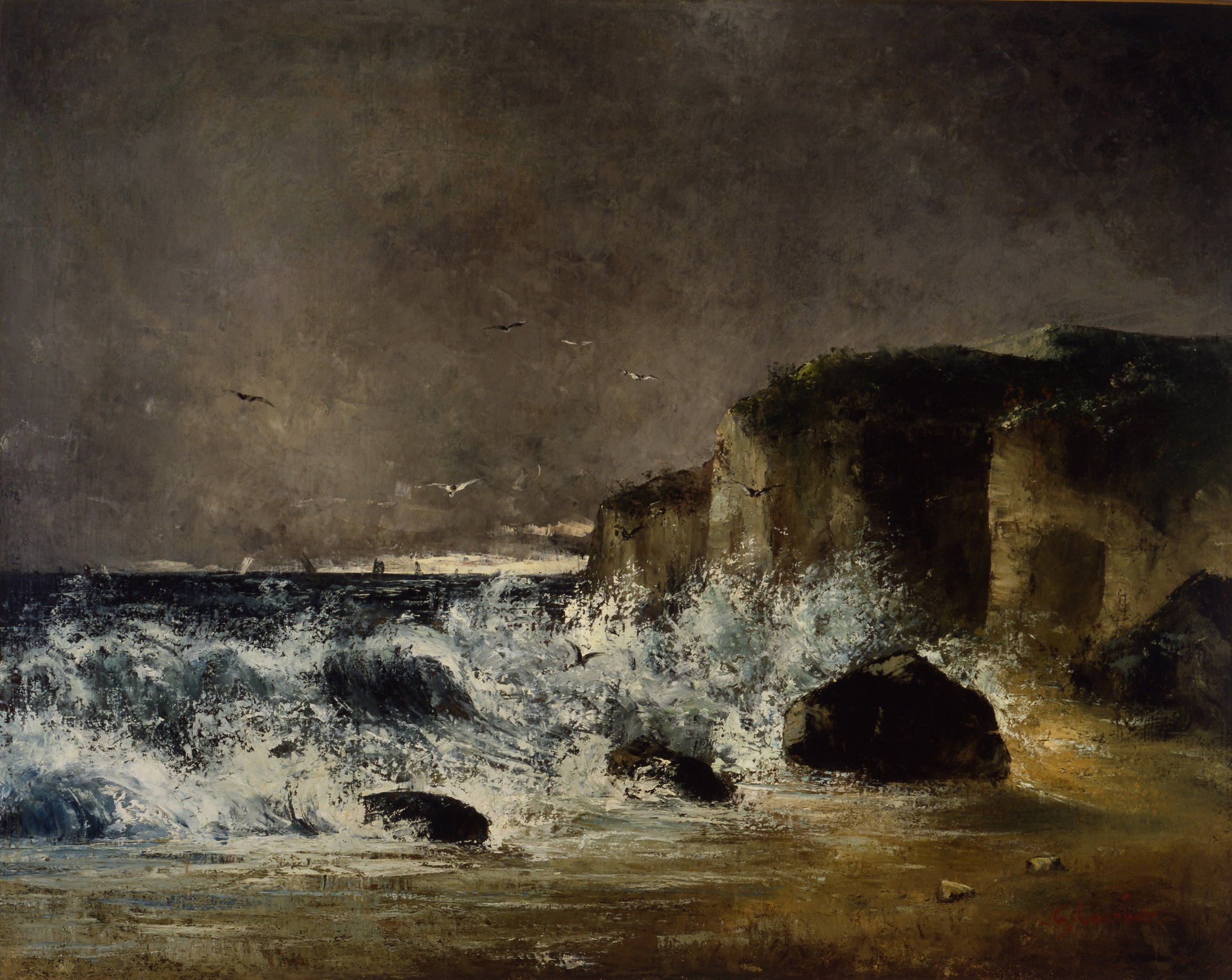  Gustave Courbet (France, 1819–1877),  Stormy Weather at Etretat , circa 1869, oil on canvas, 28 7/8 x 36 3/8 inches. Portland Museum of Art, Maine. The Joan Whitney Payson Collection at the Portland Museum of Art. Gift of John Whitney Payson, 1998.1