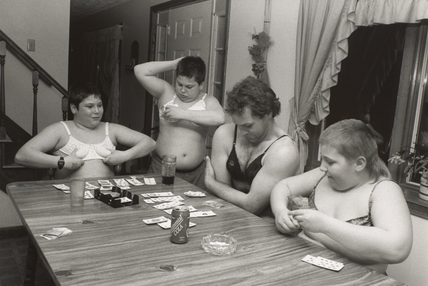   Melonie Bennett  United States, born 1969   The Boys Experiencing What It Would Be Like To Have Cleavage, Gorham, Maine , 1993 gelatin silver print, 13 1/4 x 19 1/2 inches Promised Gift from the Judy Glickman Lauder Collection, 7.1998.7 
