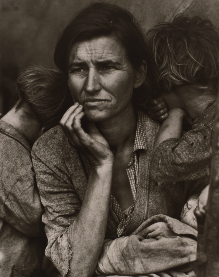   Dorothea Lange  United States, 1895–1965   Migrant Mother (Florence Owens Thompson), Nipomo, California , 1936 gelatin silver print mounted on board, 13 1/4 x 10 1/8 inches Promised Gift from the Judy Glickman Lauder Collection, 7.1998.38 