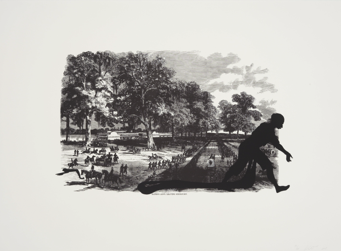   Kara Walker  United States, born 1969   Banks's Army Leaving Simmsport , 2005 Offset lithography and silkscreen, 39 x 53 inches Museum purchase supported by the women of the Board of Trustees and staff in honor of the Board Presidency of Amy Woodho