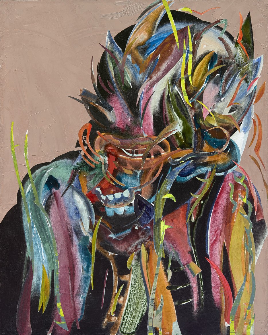  Leasho Johnson (born Montego Bay, Jamaica, 1984),  Jaw bone (man looking back at the cane fields),  2019, charcoal, watercolor, distemper, acrylic, oil stick, oil paint on canvas, 24 × 30 × 1 3/4 inches. Art Gallery of Ontario. Purchase, with funds 