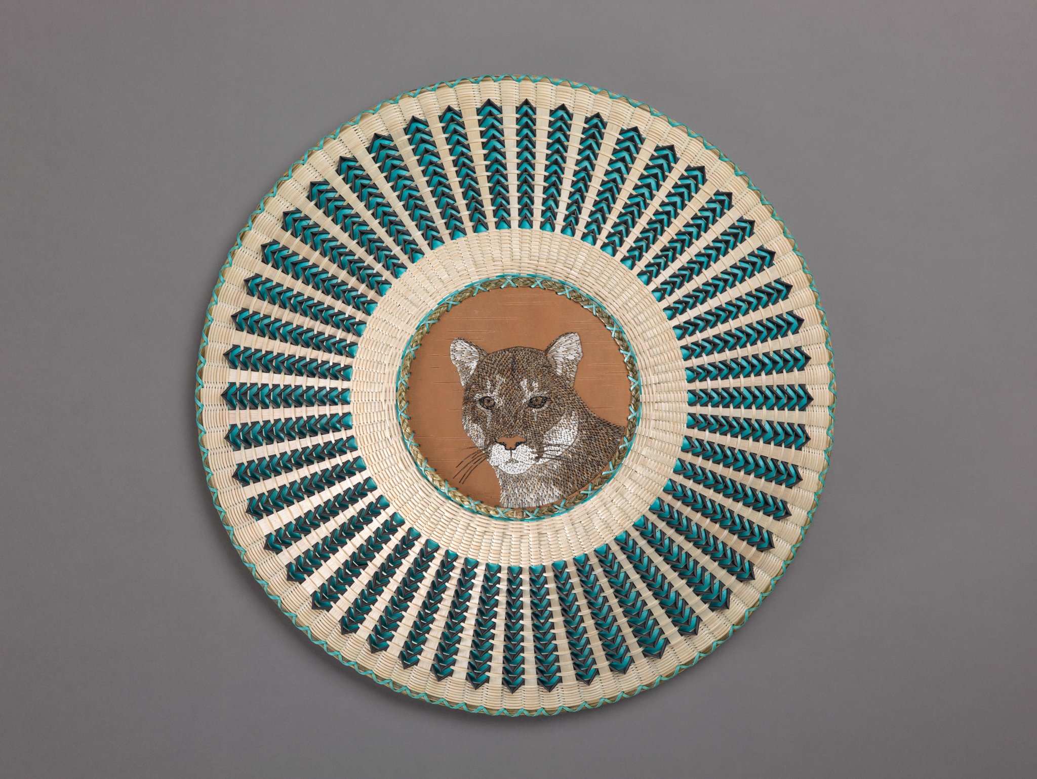  Jeremy Frey (Passamaquoddy, born 1978),  Watchful Spirit  (detail), 2022, ash, porcupine quills, sweetgrass, and dye, 27 3/8 x 22 1/4 x 22 1/4 inches. Denver Art Museum: Purchased with the Nancy Blomberg Acquisitions Fund for Native American Art, 20
