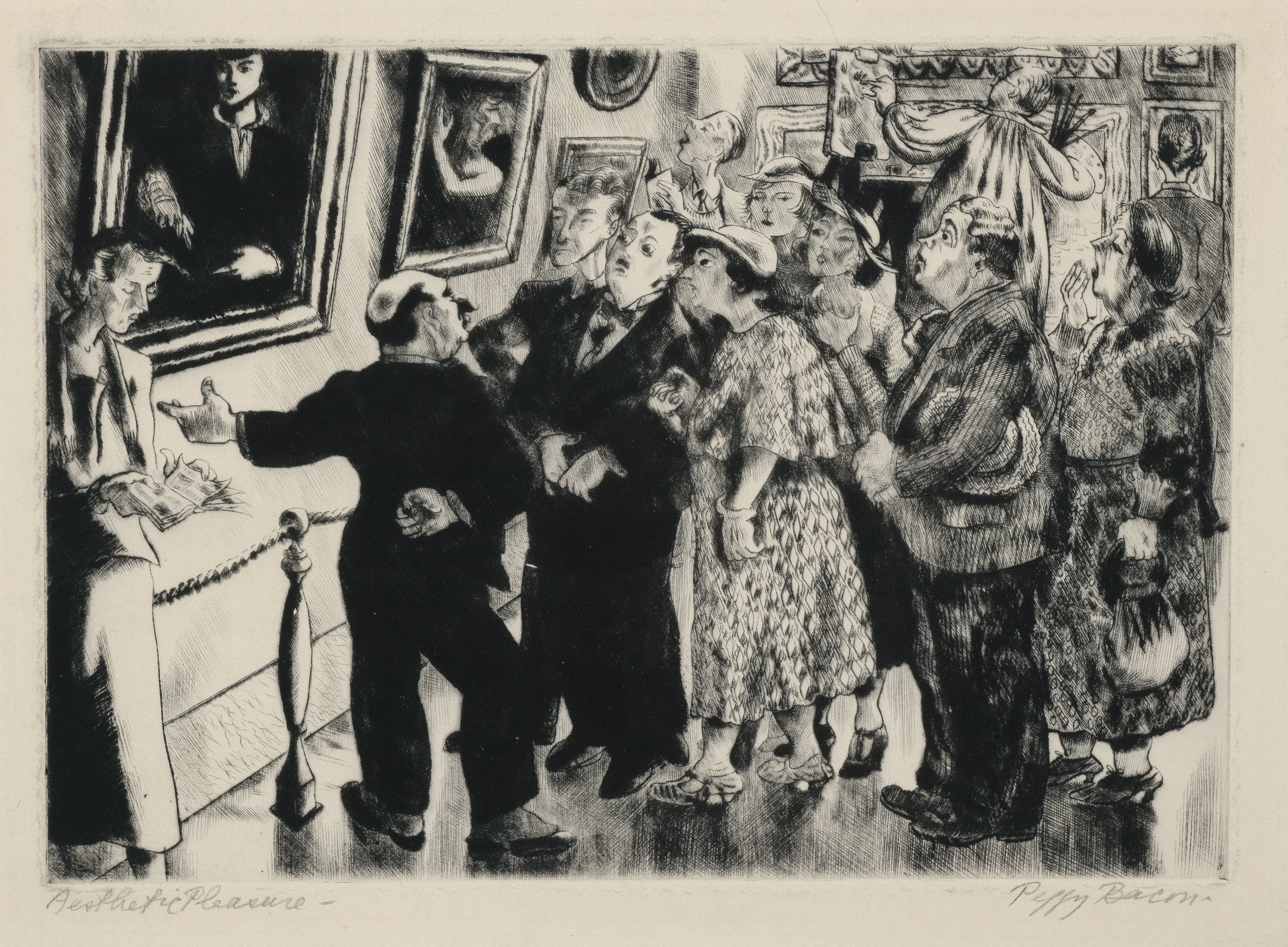  Peggy Bacon (United States, 1895–1987),  Aesthetic Pleasure , 1936, drypoint on laid paper, 7 3/16 x 10 7/8 inches. Gift of Harold Shaw, 1984.387. Image courtesy Petegorsky/Gipe Photo 