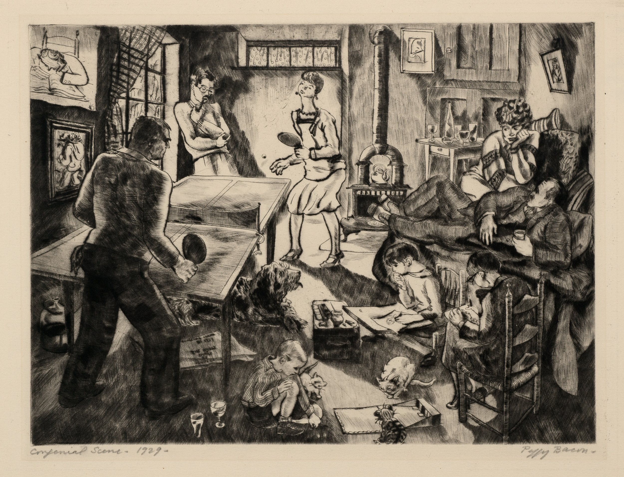 Peggy Bacon (United States, 1895–1987),  Congenial Scene , 1929, drypoint on wove paper, 8 15/16 x 11 7/8 inches. Gift of Harold Shaw, 1984.391. Image courtesy Petegorsky/Gipe Photo 