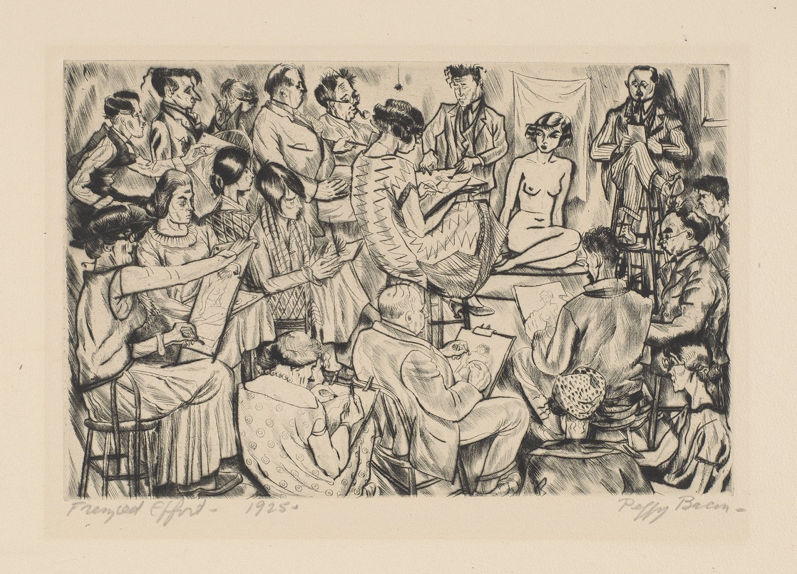  Peggy Bacon (American, 1895-1987),  Frenzied Effort (The Whitney Studio Club),  1925, drypoint on paper, 5 3/4 x 9 inches, Bates College Museum of Art, gift of Caroline P. Ehrenfest, Class of '39, 1989.9.11 