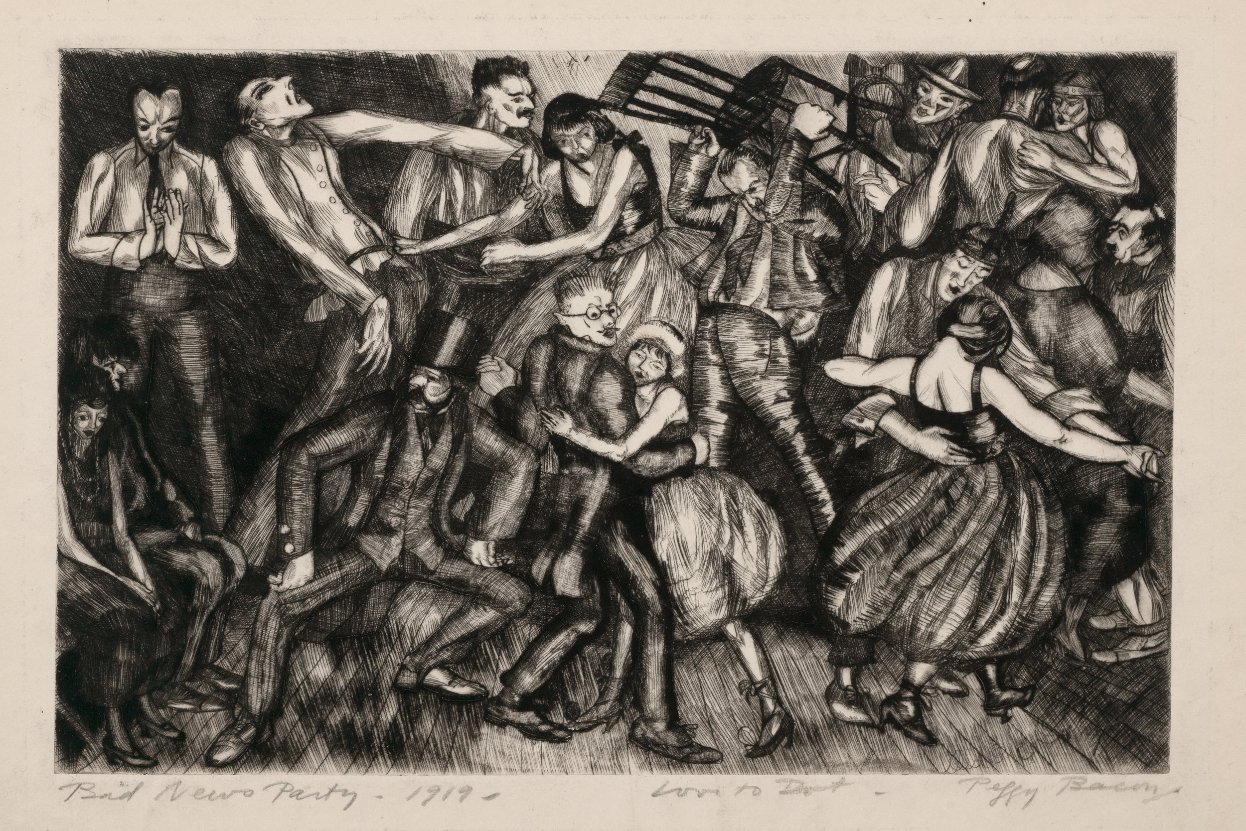  Peggy Bacon (United States, 1895–1987),  Dance at the League,  1919, drypoint on wove paper, 6 7/8 x 9 13/16 inches. Gift of Harold Shaw, 1984.362. Image courtesy Petegorsky/Gipe Photo 