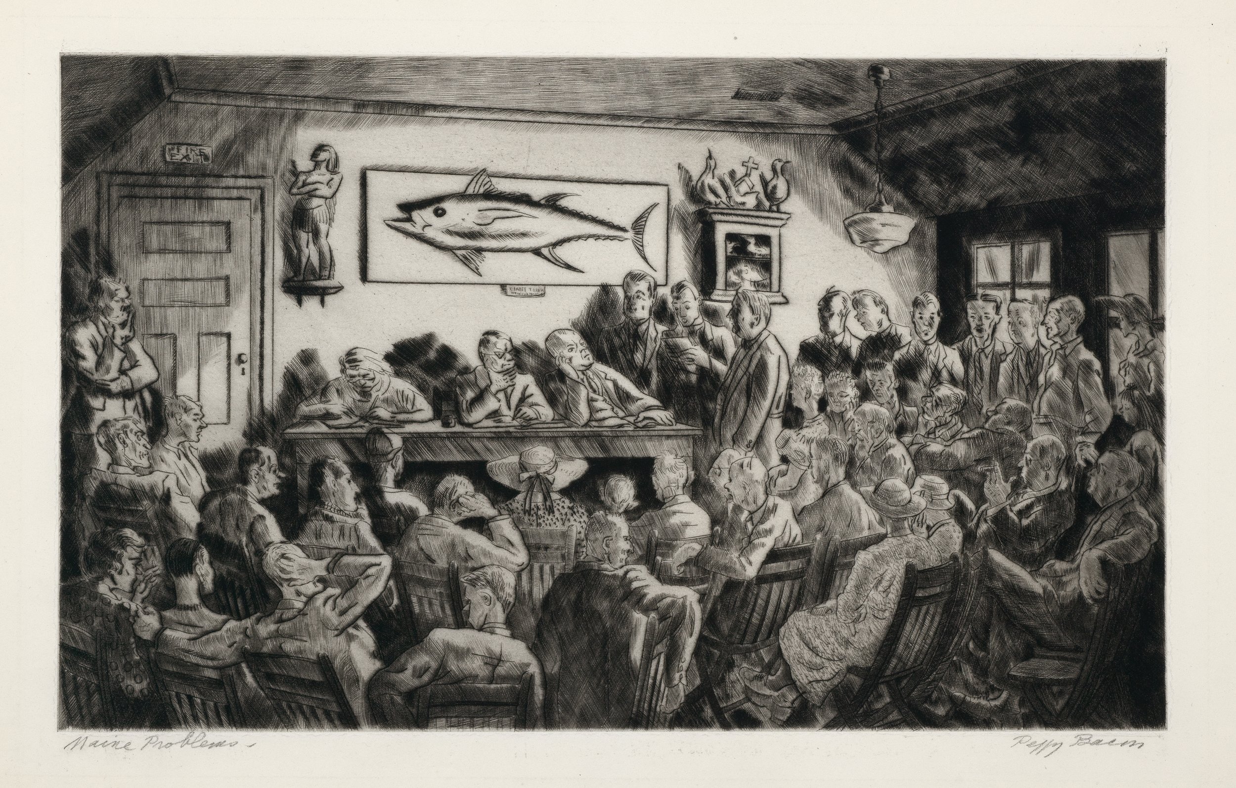  Peggy Bacon (United States, 1895–1987),  Maine Problems , 1941, drypoint on wove paper, 11 5/16 x 18 1/16 inches. Gift of Harold Shaw, 1984.370. Image courtesy Petegorsky/Gipe Photo 