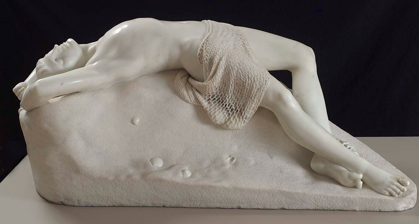   Benjamin Paul Akers  United States, 1825–1861  The Dead Pearl Diver , 1858  Marble, 27 x 67 x 28 inches Museum purchase with support from Mrs. Elizabeth Akers Allen, John M. Adams, F. R. Barrett, John M. Brown, Philip H. Brown, Abba H. Burnham, A. 