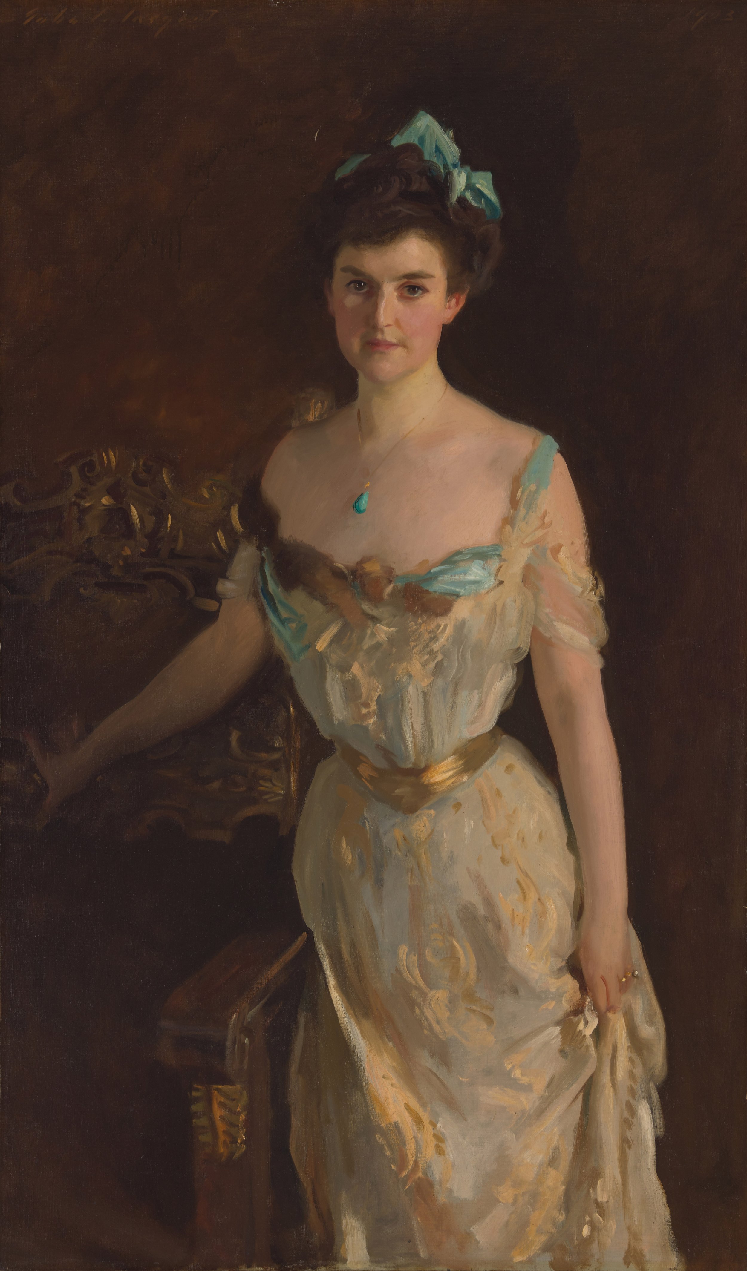   John Singer Sargent  United States (born Italy), 1856–1925  Ellen Sears Amory Anderson Curtis (1868–1952) (Mrs. Charles Pelham Curtis) , 1903  oil on canvas, 59 7/8 x 35 1/4 inches Gift of Sally Cary Curtis Iselin in memory of Charles Pelham Curtis