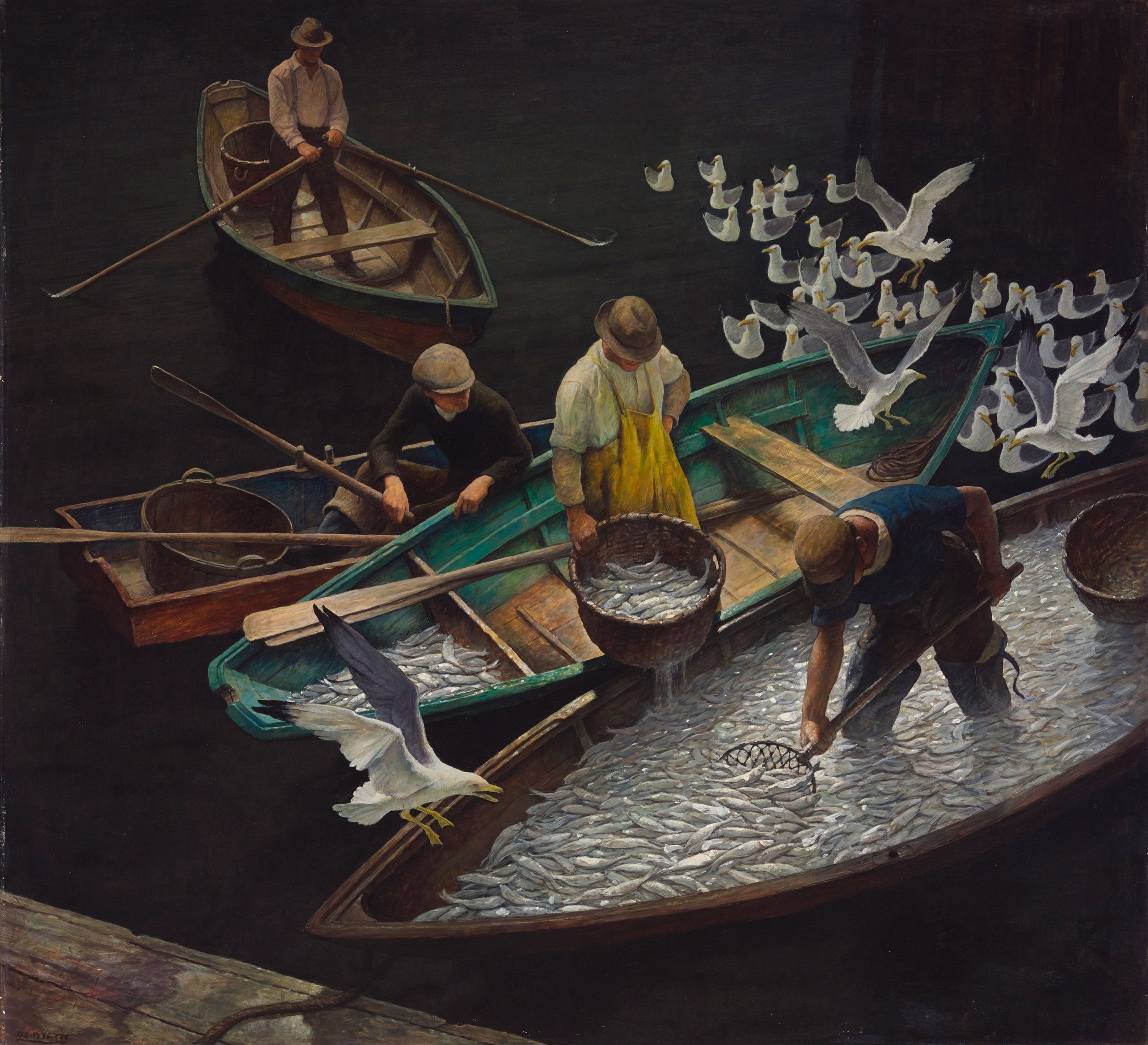   Newell Convers Wyeth  United States, 1882–1945  Dark Harbor Fishermen , 1943 Tempera on hardboard (Renaissance Panel), 35 x 38 inches Bequest of Elizabeth B. Noyce, 1996.38.63 