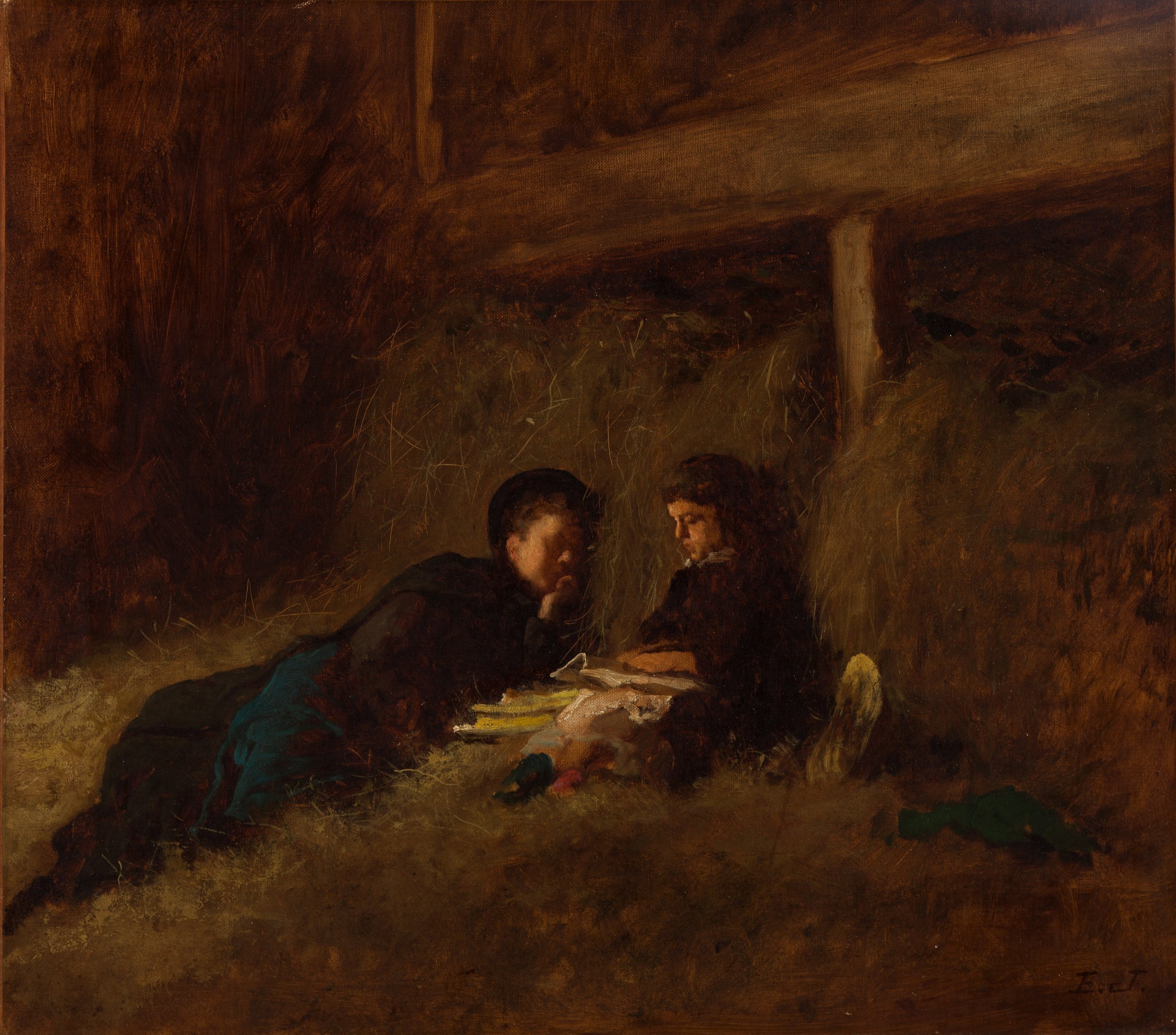   Eastman Johnson  United States, 1824–1906  The Quiet Hour , circa 1877 oil on canvas, 19 x 21 1/2 inches Museum purchase with support from the Freddy and Regina Homburger Endowment for Acquisitions, Friends of the Collection, and the W.D. and M.L. 