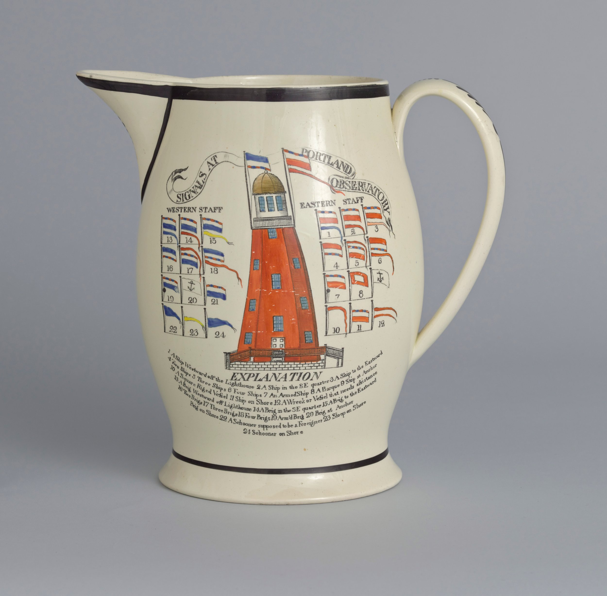   Liverpool Type Porcelain  England, circa 1790–1840  Pitcher: Signals at Portland Observatory , post 1807 creamware with transfer-printed decoration, 9 x 8 1/2 inches Gift of Mrs. James McKinley Rose in memory of her father, William B. Goodwin, 1976