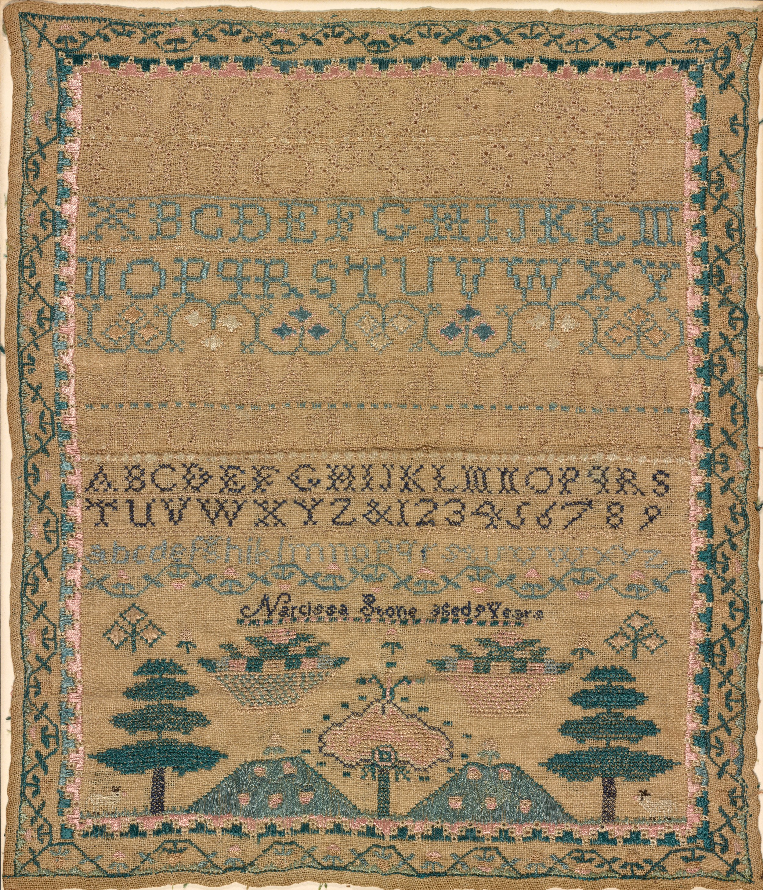   Narcissa Stone  United States, 1801–1877  Sampler , 1810 silk on linen, 16 3/8 x 18 7/8 inches Museum purchase, 1973.9 