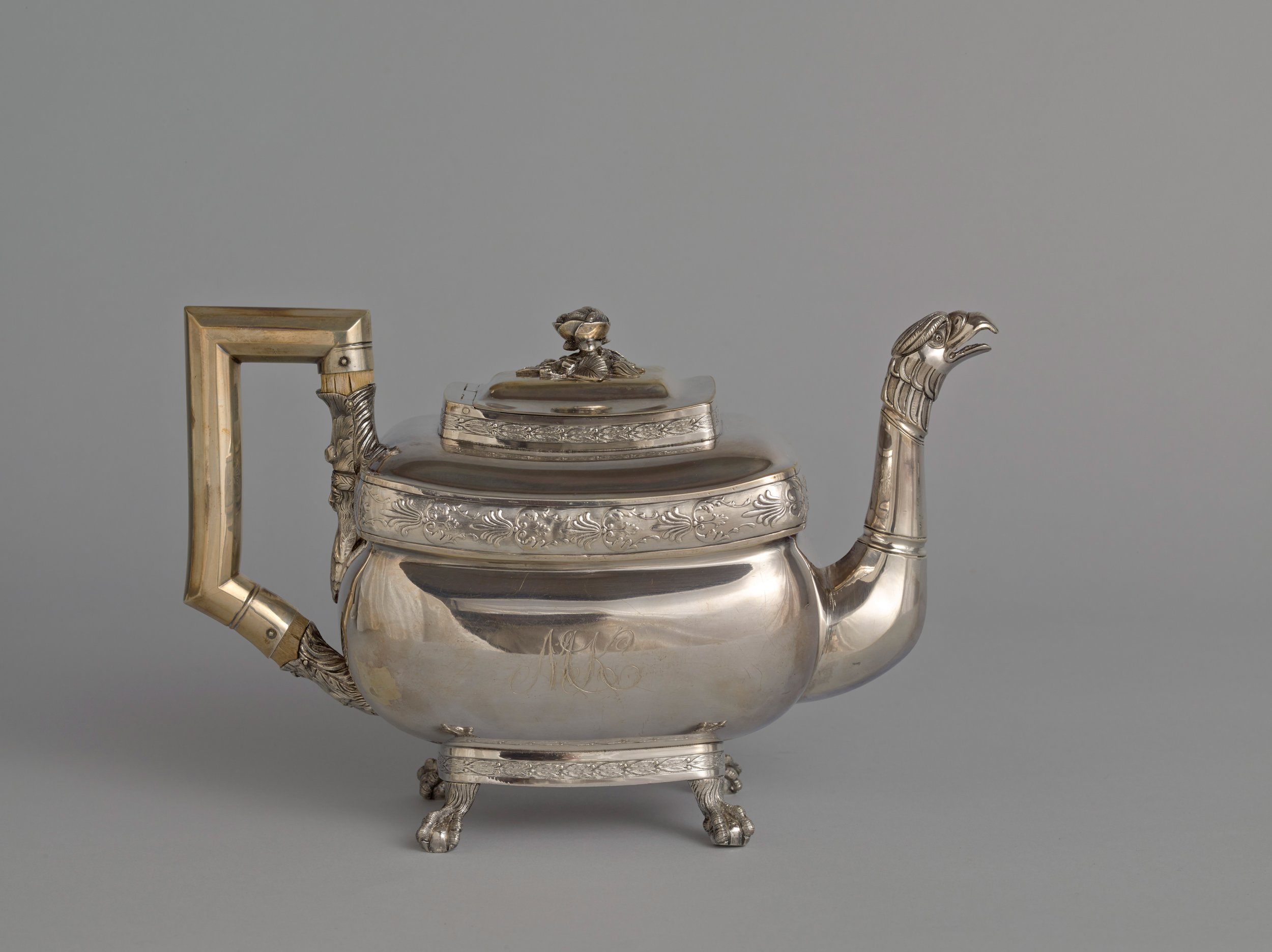  Anthony Rasch and Co.  United States, active 1780–1858  Teapot , 1810–1825 silver, 6 7/8 x 10 9/16 x 4 1/2 inches Museum purchase with support from Friends of the Collection, 1985.5 