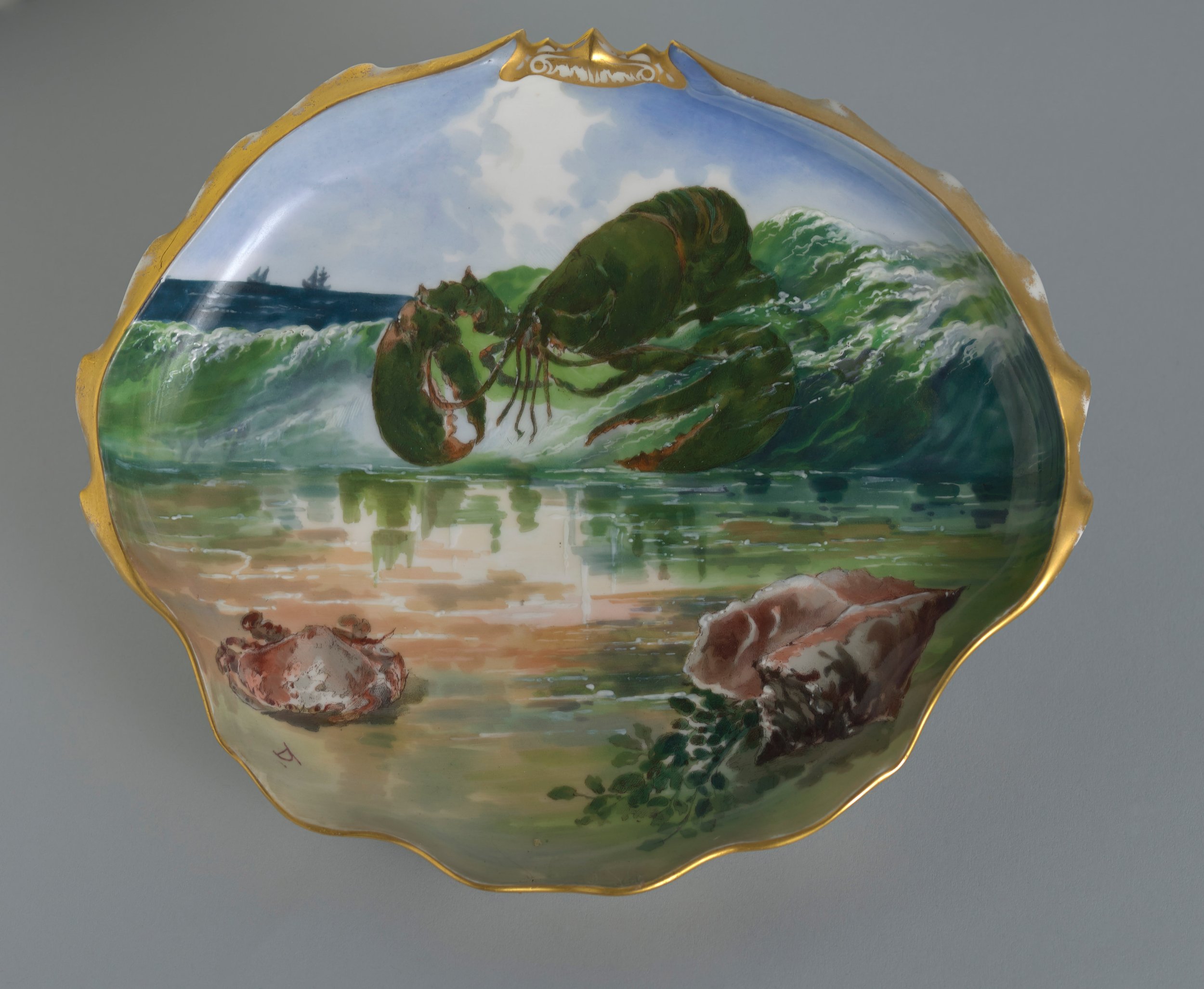   Theodore Davis  United States, 1840–1894  Seafood Salad Plate , 1880 porcelain with transfer-printed, enameled and gilded decoration, 1 1/2 x 9 x 7 1/2 inches Gift of Christopher Monkhouse in honor of Marjorie Linder Monkhouse, 2004.43 
