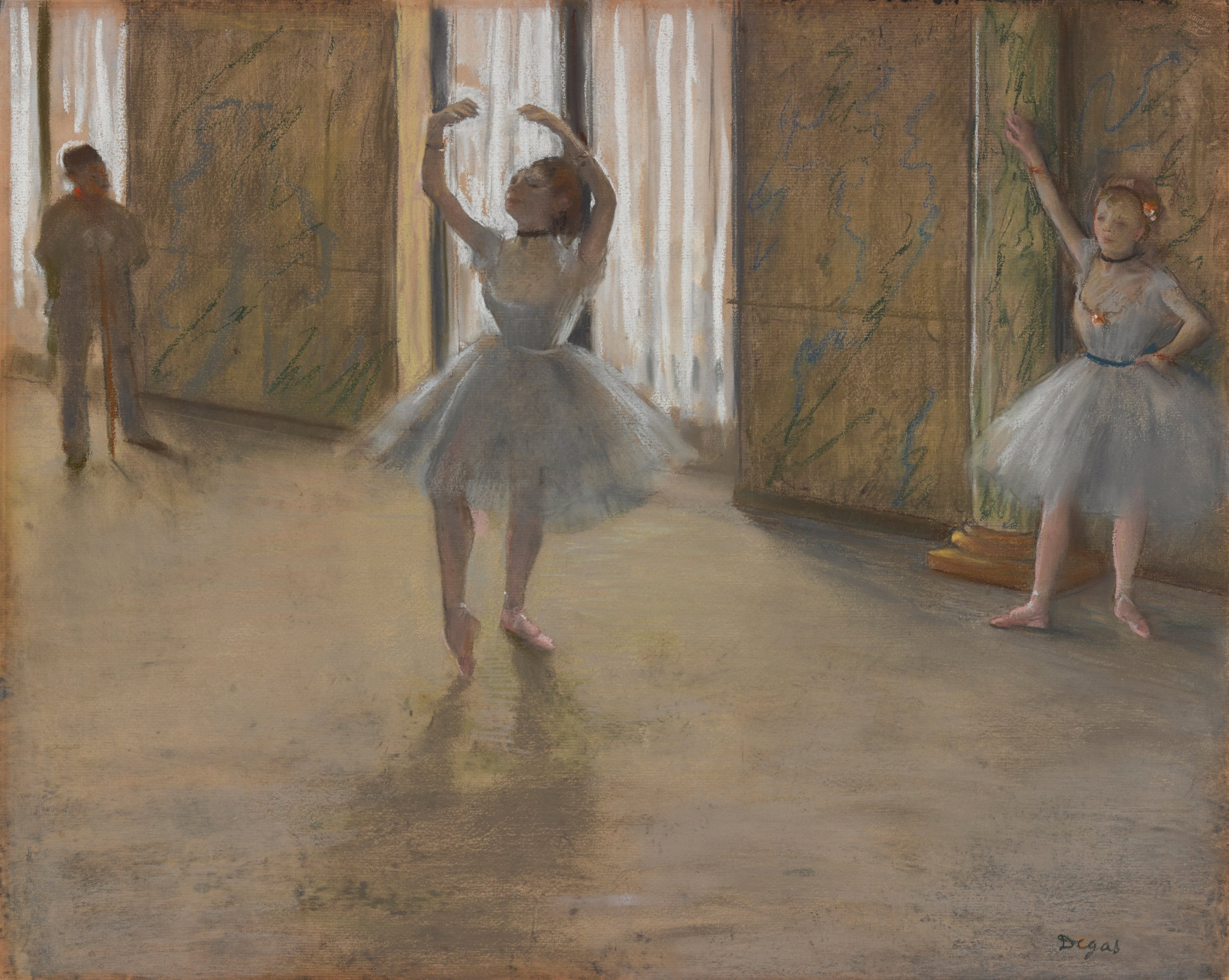   Hilaire-Germain-Edgar Degas  France, 1834–1917  The Dancing Lesson , circa 1877 pastel monoprint on paper, 23 x 28 5/8 inches The Joan Whitney Payson Collection at the Portland Museum of Art, Maine.  Gift of John Whitney Payson, 1991.86 