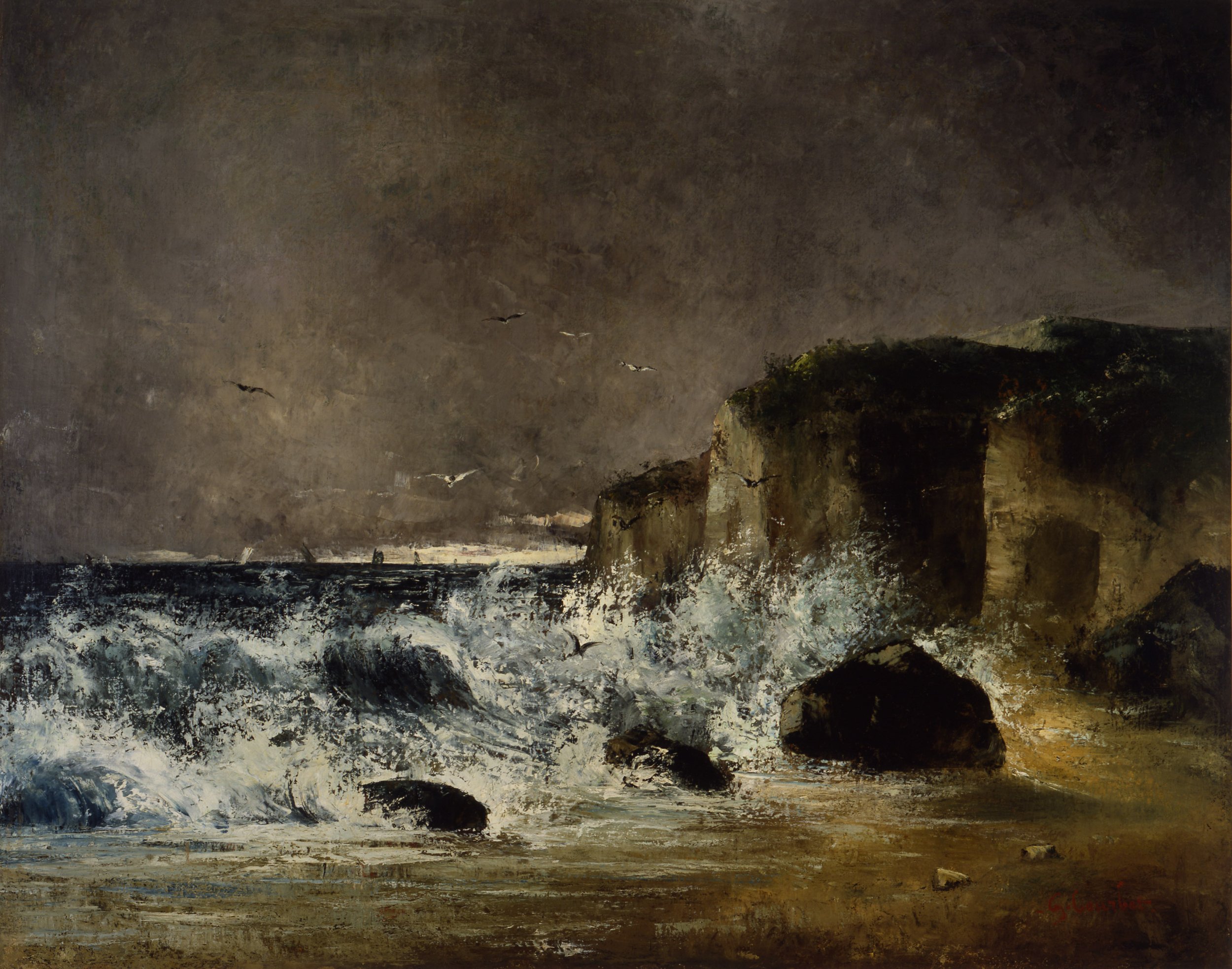   Gustave Courbet  France, 1819–1877  Stormy Weather at Etretat , circa 1869  oil on canvas, 28 7/8 x 36 3/8 inches The Joan Whitney Payson Collection at the Portland Museum of Art. Maine. Gift of John Whitney Payson, 1998.162 