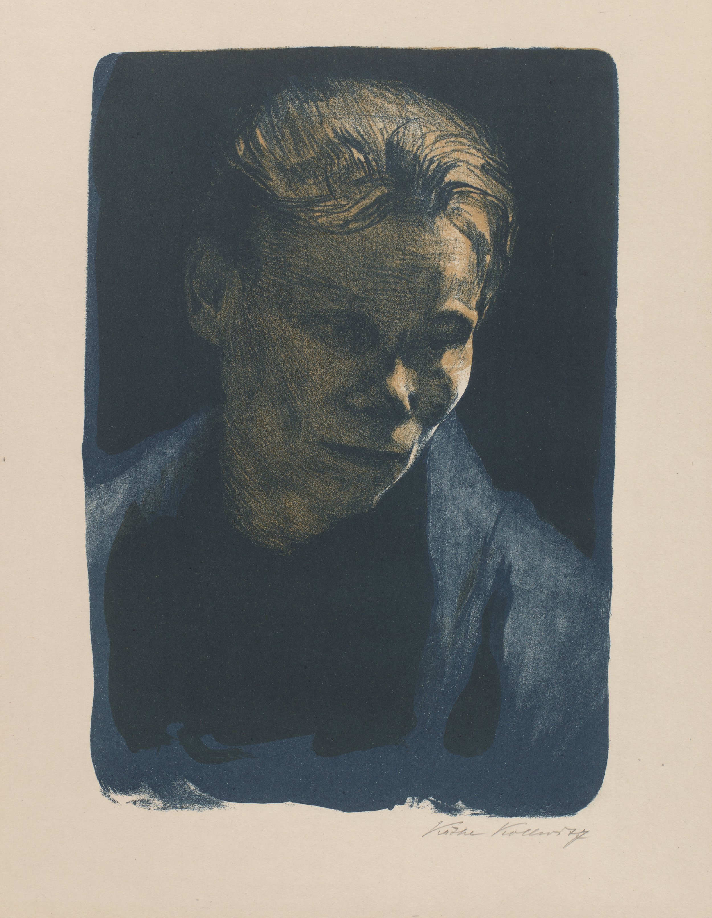   Käthe Kollwitz  Germany, 1867–1945  Brustbuild Einer Arbeiterfrau Mit Blauem Tuch (Half-Length Portrait of a Working Woman with Blue Shawl) , 1903  lithograph on Japan paper, 13 3/4 x 9 5/8 inches Gift of David and Eva Bradford, 2011.43.9 