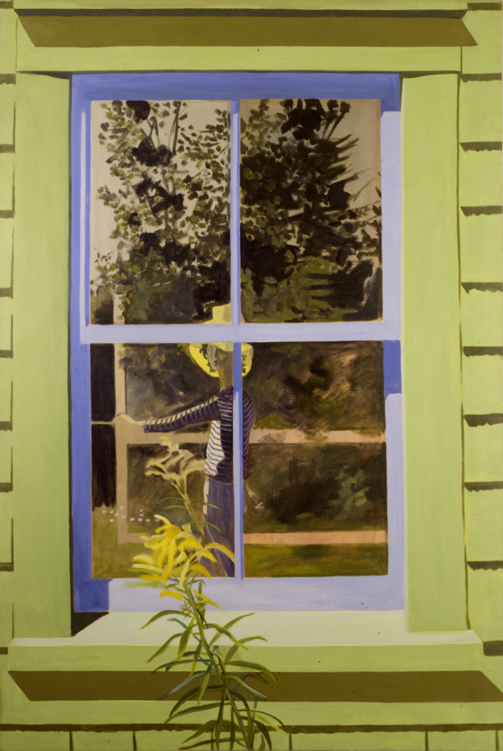   Lois Dodd   United States, born 1927  Self-Portrait in Green House Window,&nbsp; 1971 oil on linen, 53 1/2 x 36 inches Museum purchase with support from the Contemporary Art Fund, in memory of Bernice McIlhenny Wintersteen, 2000.1 © Lois Dodd, cour