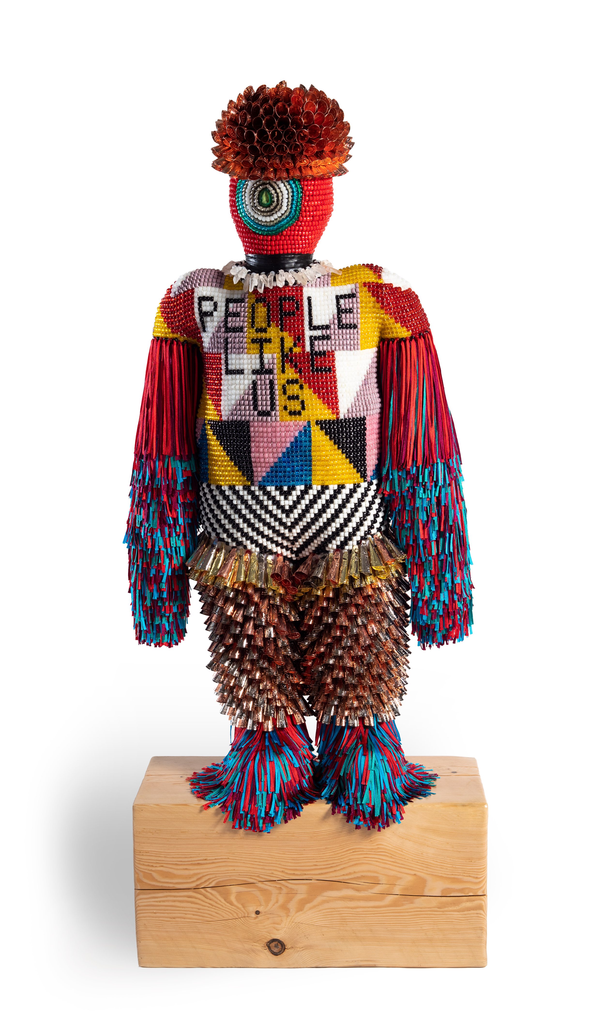   Jeffrey Gibson  Mississippi Choctaw/Cherokee, born 1972  PEOPLE LIKE US , 2018 glass and plastic beads, tin, copper and gold-finished jingles, artificial sinew, quartz crystal, silver-coated copper wire, druzy crystal, nylon thread, nylon fringe, a