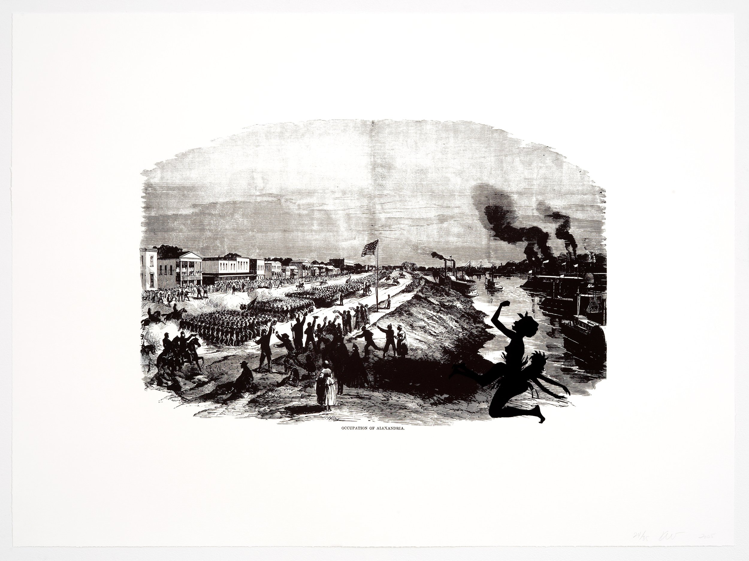   Kara Walker  United States, born 1969  Occupation of Alexandria , 2005 offset lithography and screenprint, 39 3/8 x 53 1/8 inches Museum purchase with support from Amy Woodhouse and Tobey Scott, 2019.25 Image courtesy Sikkema Jenkins &amp; Co. 