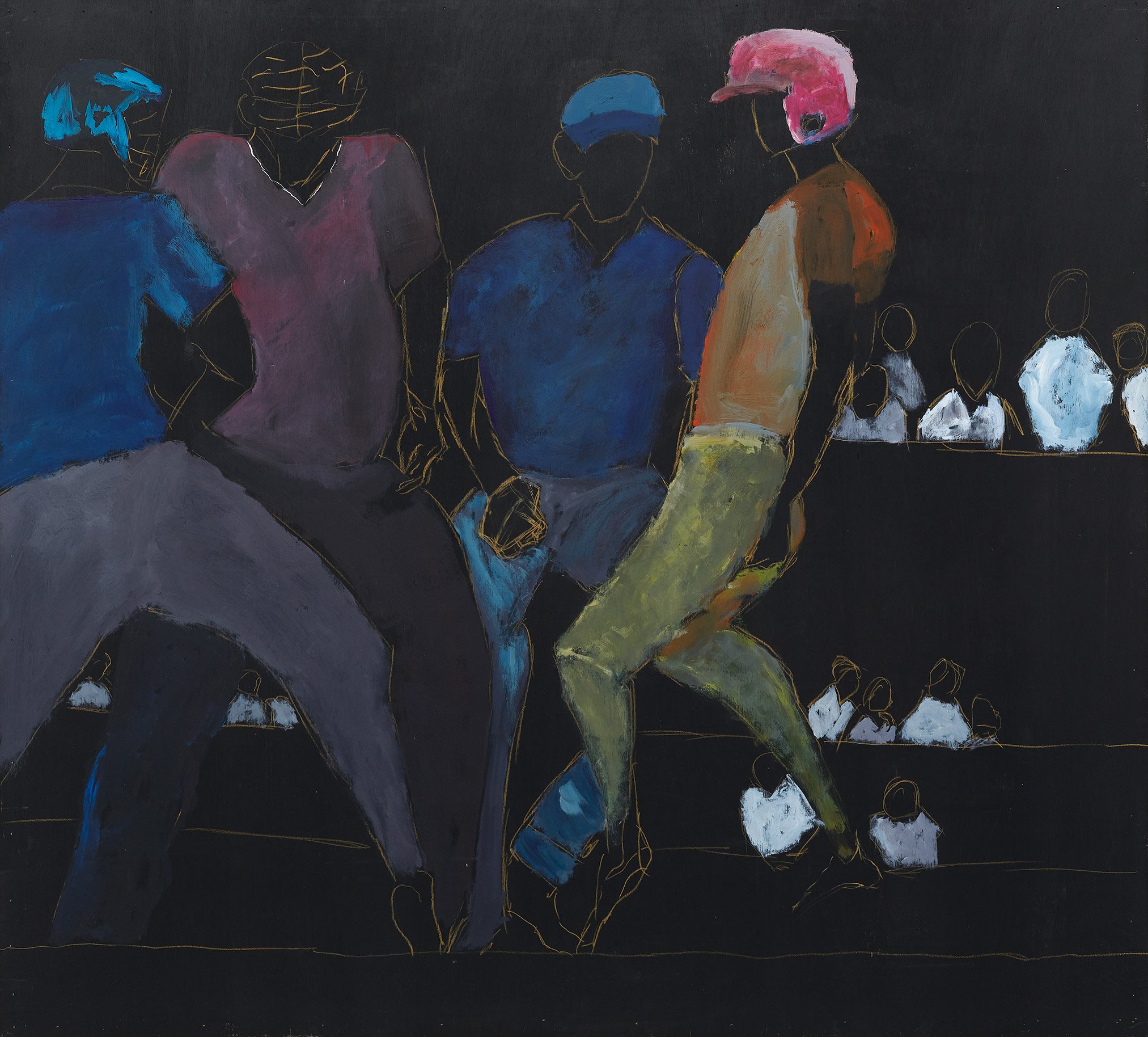   Reggie Burrows Hodges   United States, born 1965  Target Audience: Pink Helmet, &nbsp;2019 acrylic and pastel on wood panel, 43 1/2 x 48 x 2 3/8 inches Portland Museum of Art, Maine. Anonymous gift, 2021.4  Courtesy the artist and Karma, New York 