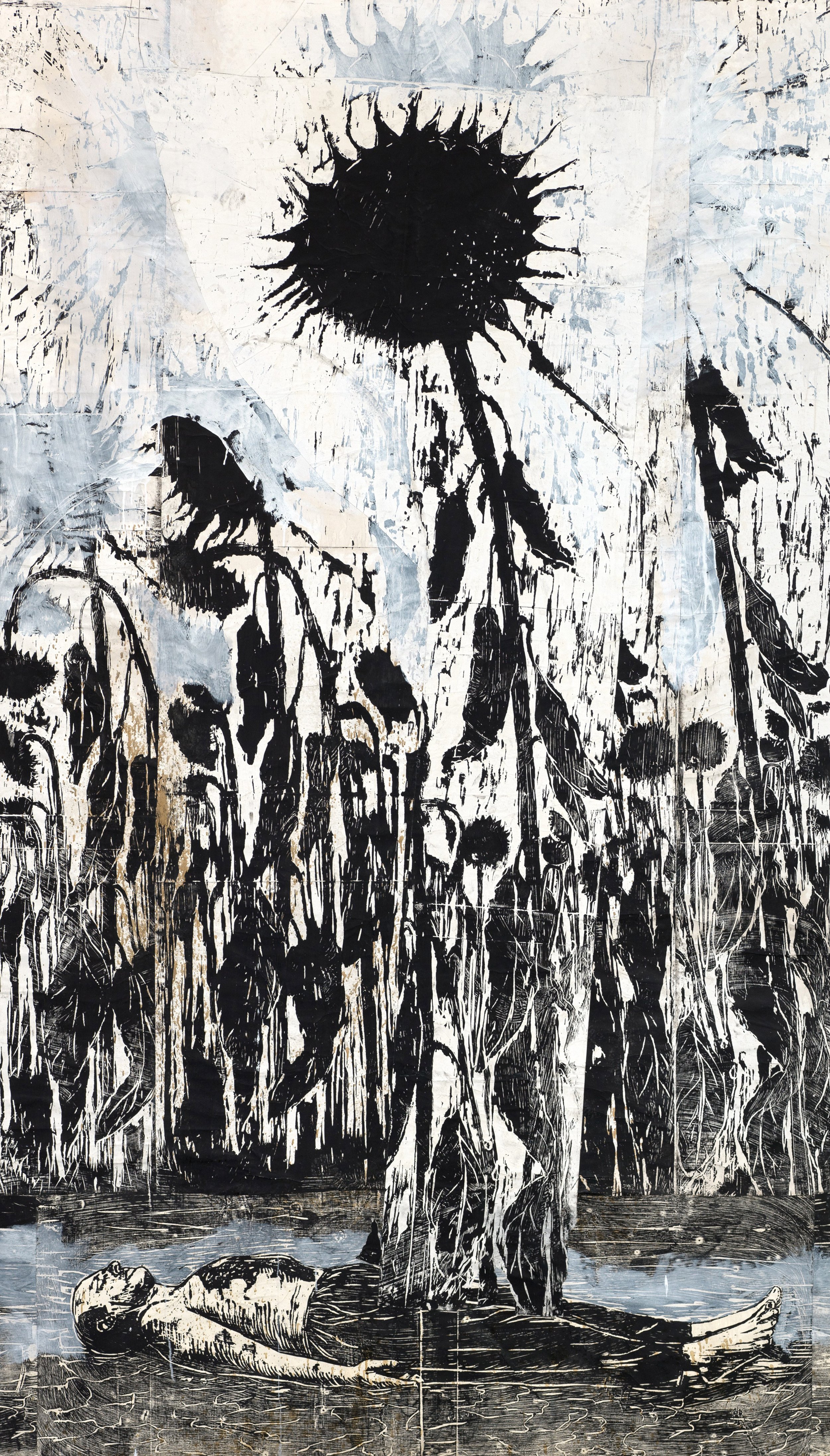   Anselm Kiefer  Germany, born 1945  Untitled , 1996 woodcut, shellac and acrylic on paper laid down on canvas, 142 1/4 x 85 1/2 inches Gift of the Alex Katz Foundation, 2022.34 