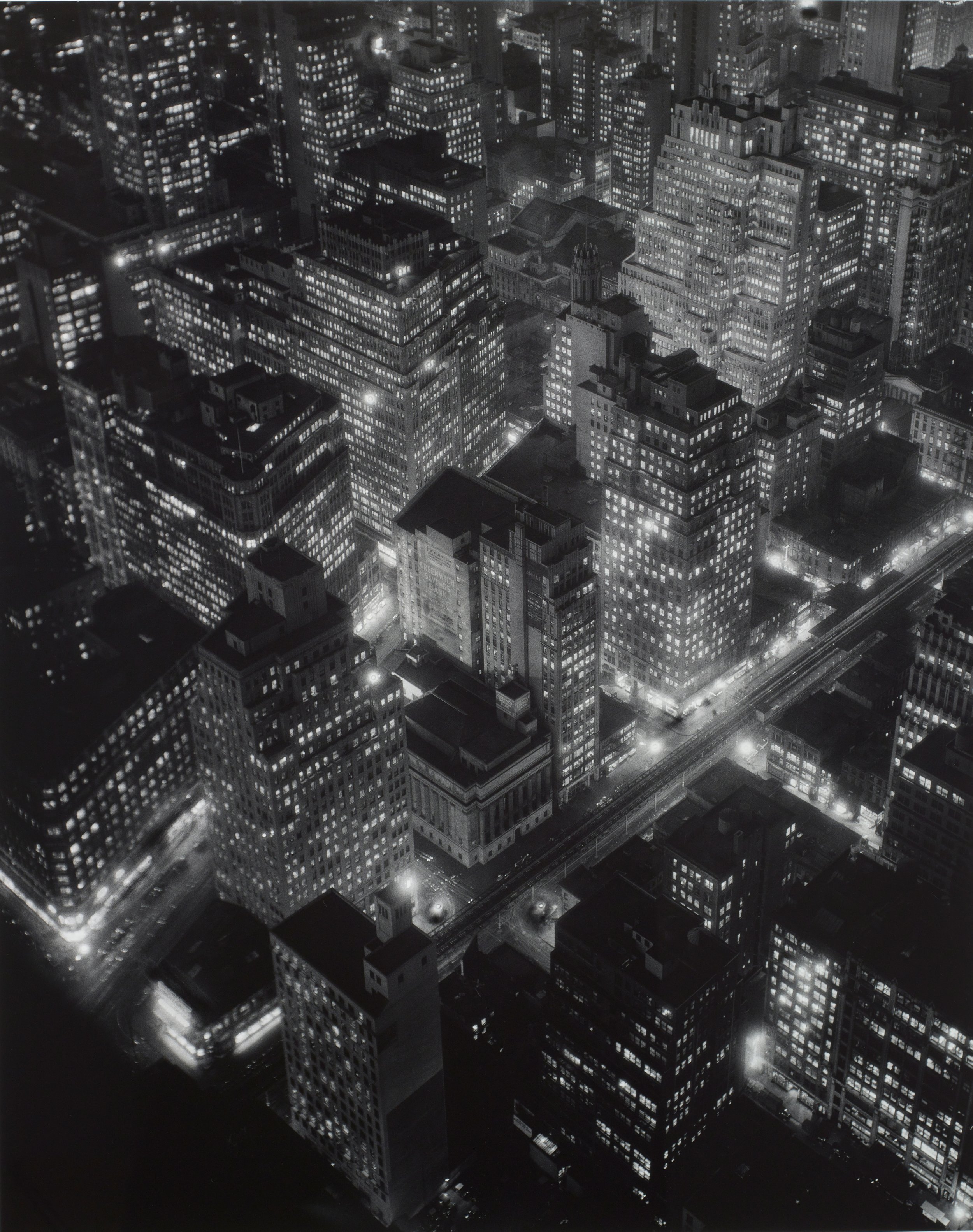   Berenice Abbott  United States, 1898–1991  Night View, New York , 1932  gelatin silver print, 36 x 29 inches Promised Gift from the Judy Glickman Lauder Collection, 2.2019.5 