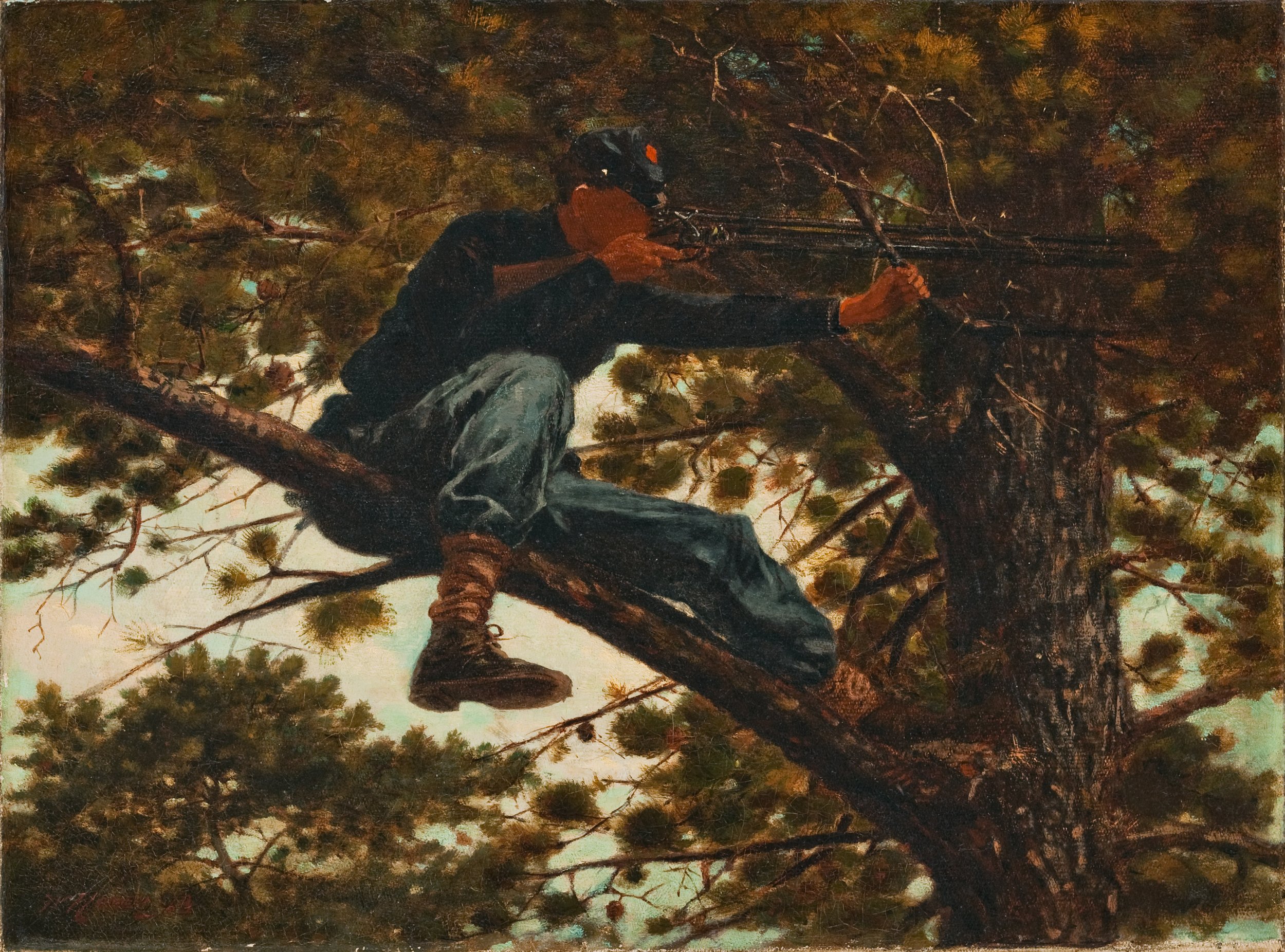   Winslow Homer   United States, 1836–1910  Sharpshooter , 1863 oil on canvas, 12 1/4 x 16 1/2 inches Gift of Barbro and Bernard Osher, 1992.41 