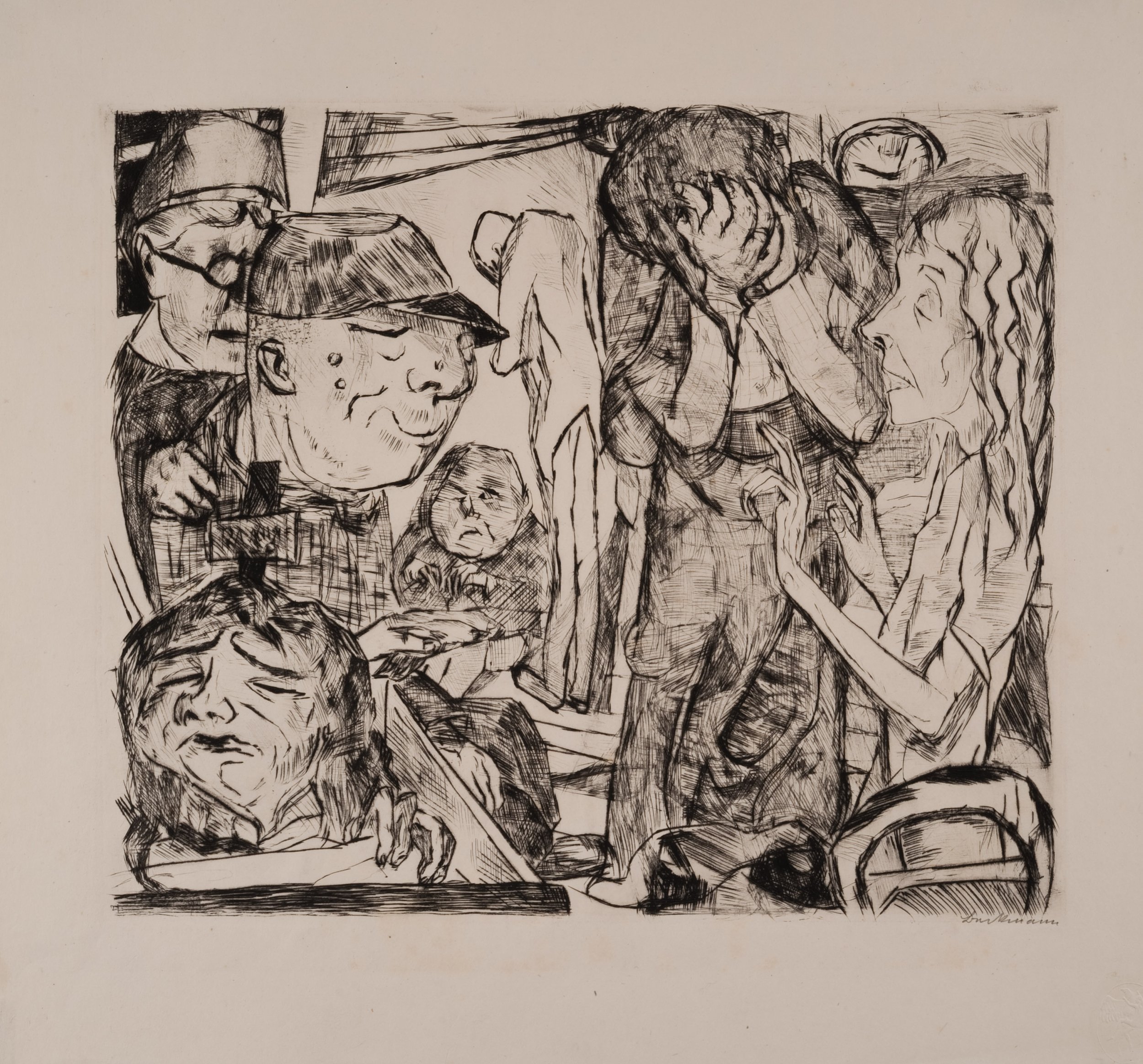   Max Beckmann  Germany, 1884–1950  Irrenhaus (Madhouse) , 1918 drypoint etching on paper, 9 7/8 x 11 1/2 inches Gift of David and Eva Bradford, 2009.31.4 